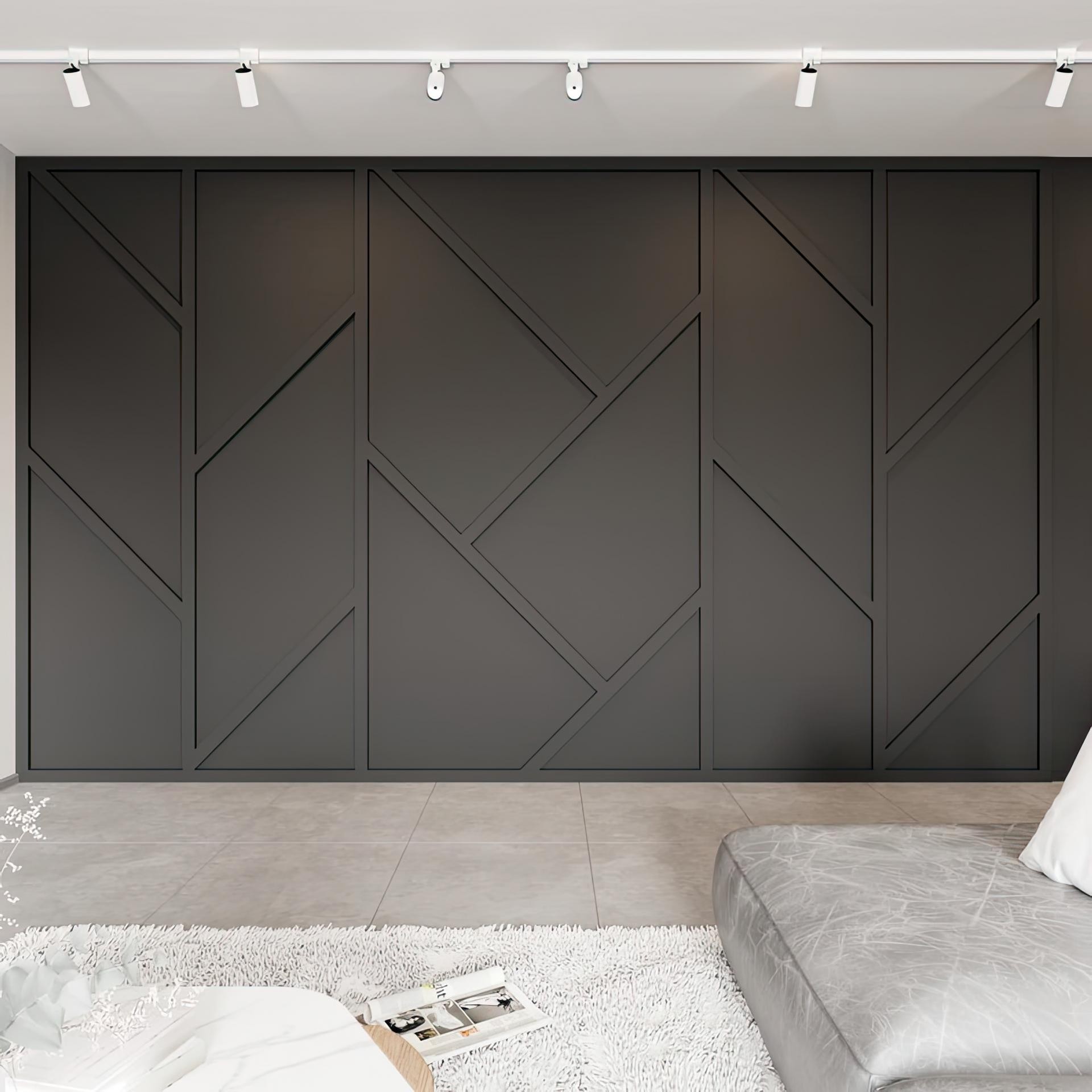 Perete accent antrasit decorat cu profile din poliuretan P851350 în model geometric asimetric într-un living modern