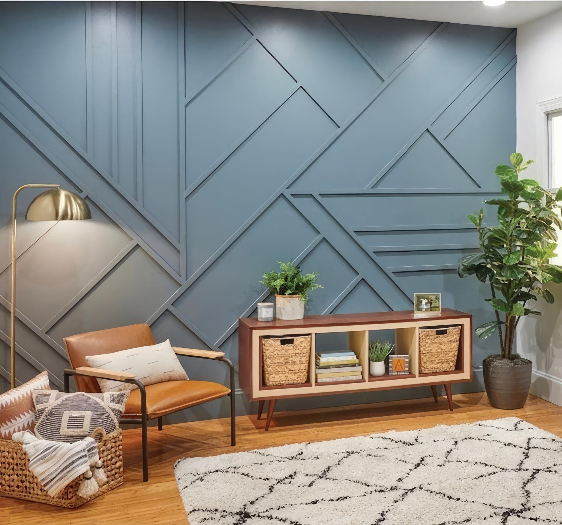 Perete de living albastru decorat cu baghete geometrice din poliuretan P851350, fotoliu din piele și consolă.