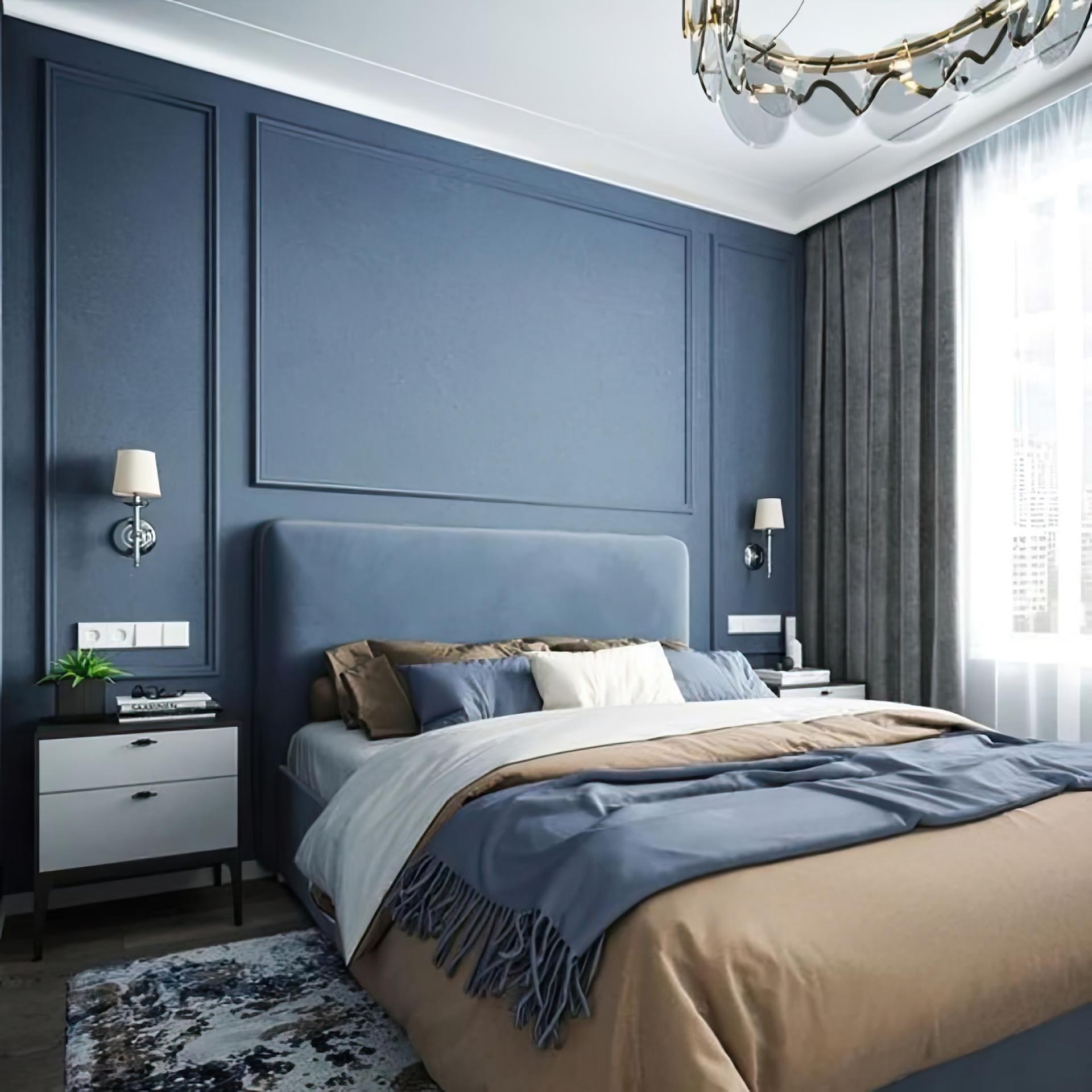 Dormitor modern cu perete albastru închis decorat cu profile din poliuretan P851350 și iluminat elegant.