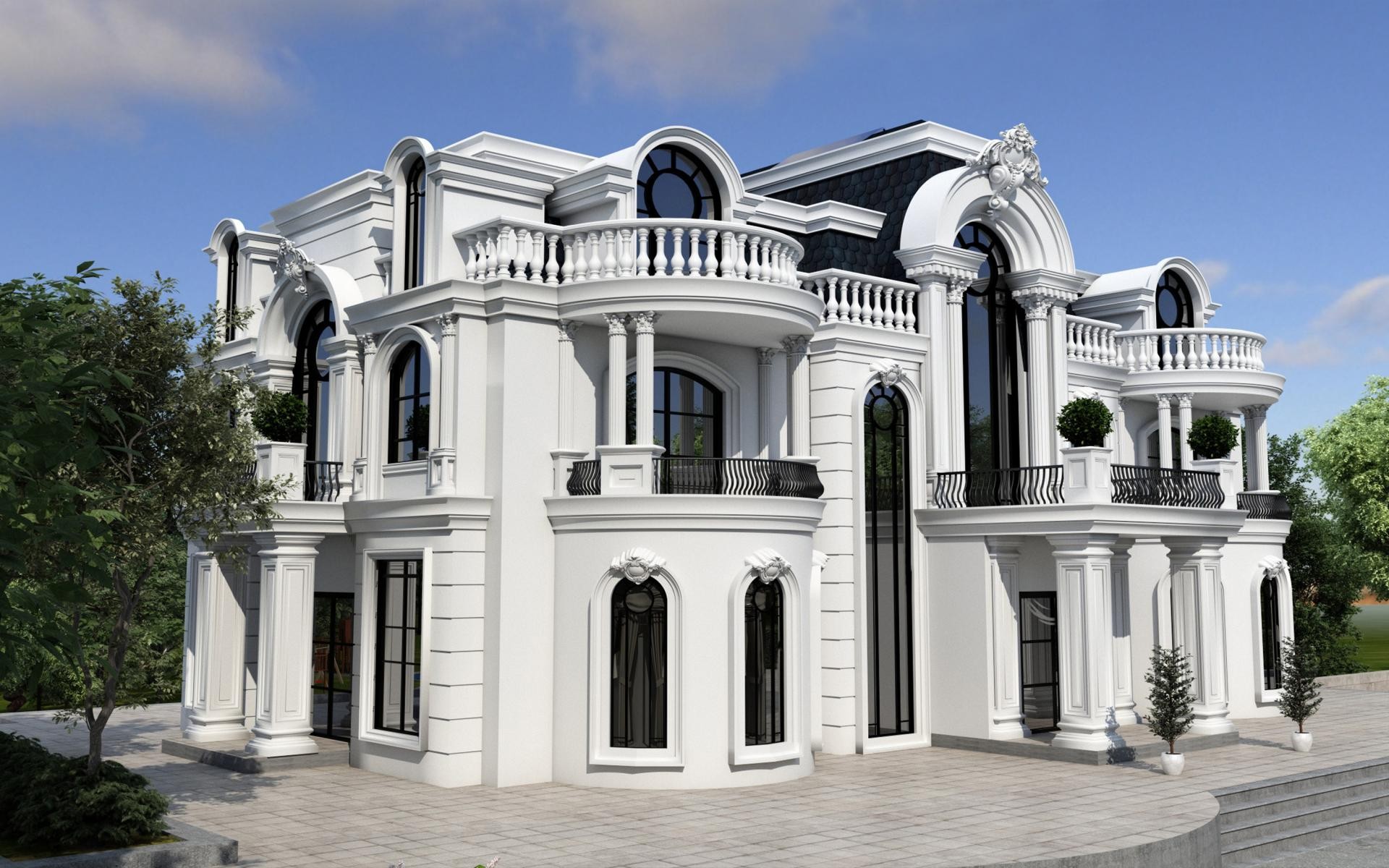 Fațadă albă de vilă neoclasică decorată cu pilastri, ancadramente de ferestre și balustrade din poliuretan.