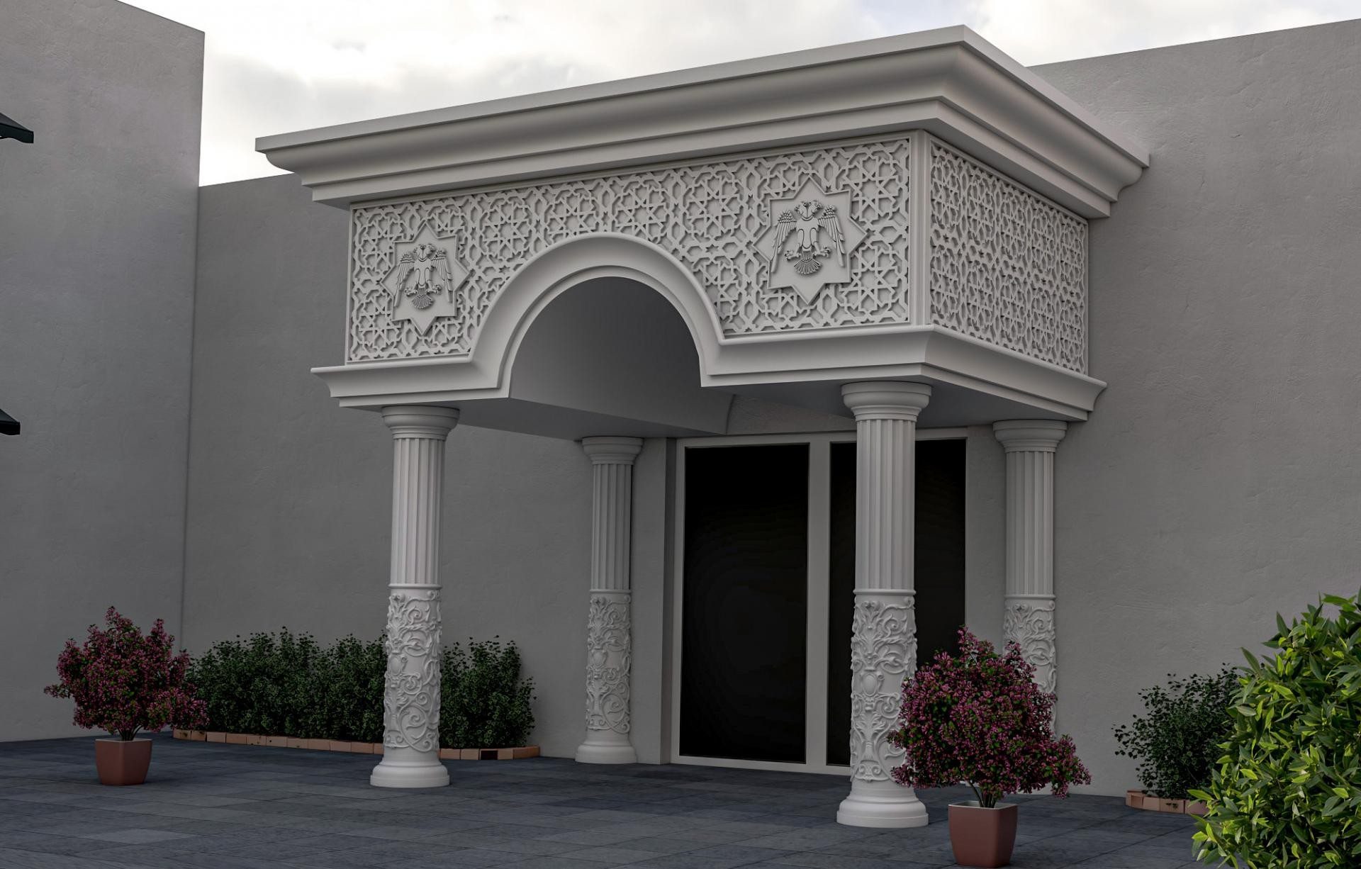 Portic de intrare din poliuretan cu coloane sculptate, arcada ornamentala si panouri geometrice clasice