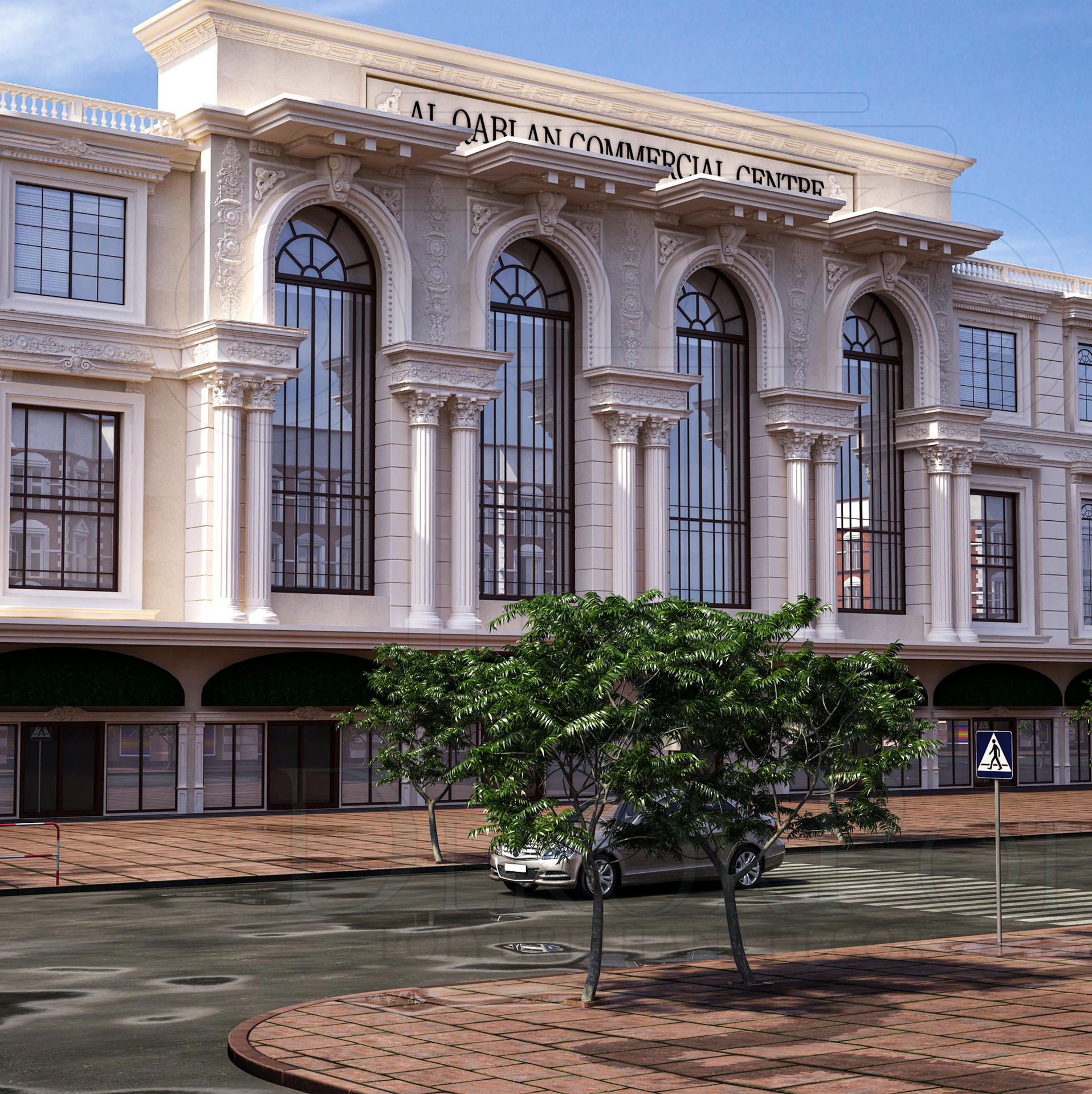 Fațadă comercială neoclasică decorată cu coloane din poliuretan P5860, ancadramente puncționate și frontoane decorative.