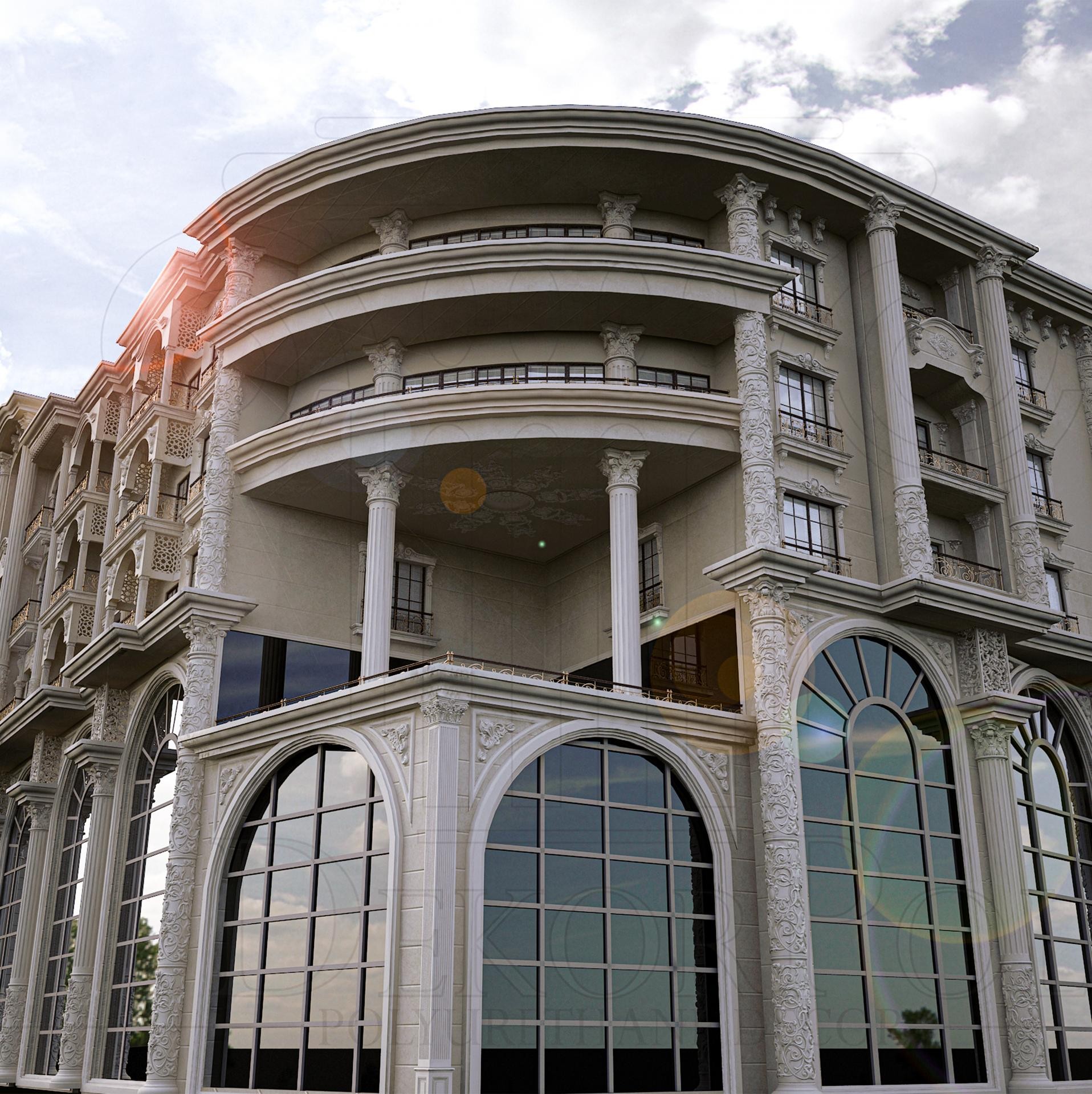 Fațadă monumentală cu coloane clasice din poliuretan, arcade mari sticlată și profilatură decorativă crem.