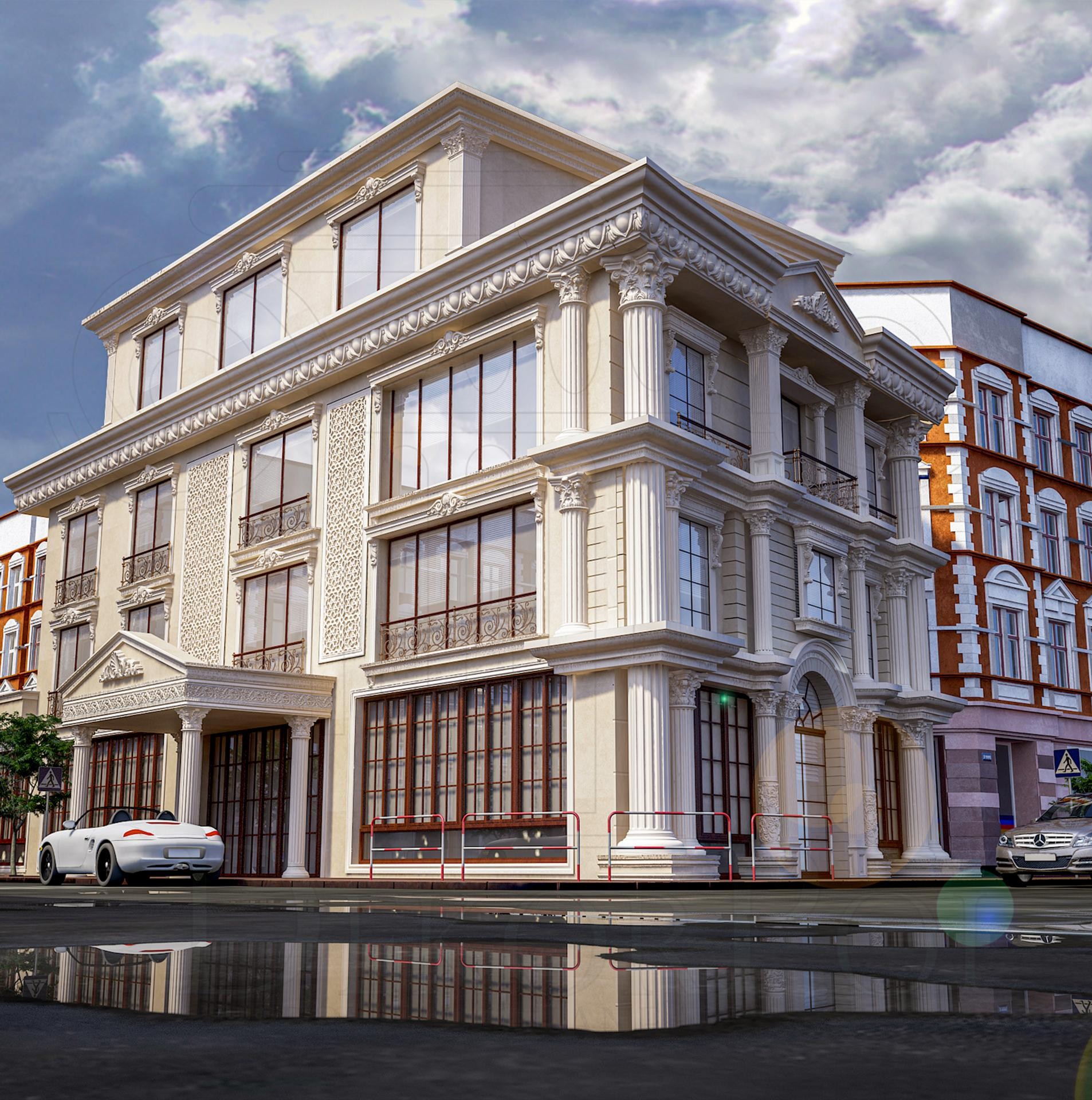 Fațadă rezidențială clasică decorată cu pilatri din poliuretan P5060, ancadramente P1460 și frontoane sculptate.