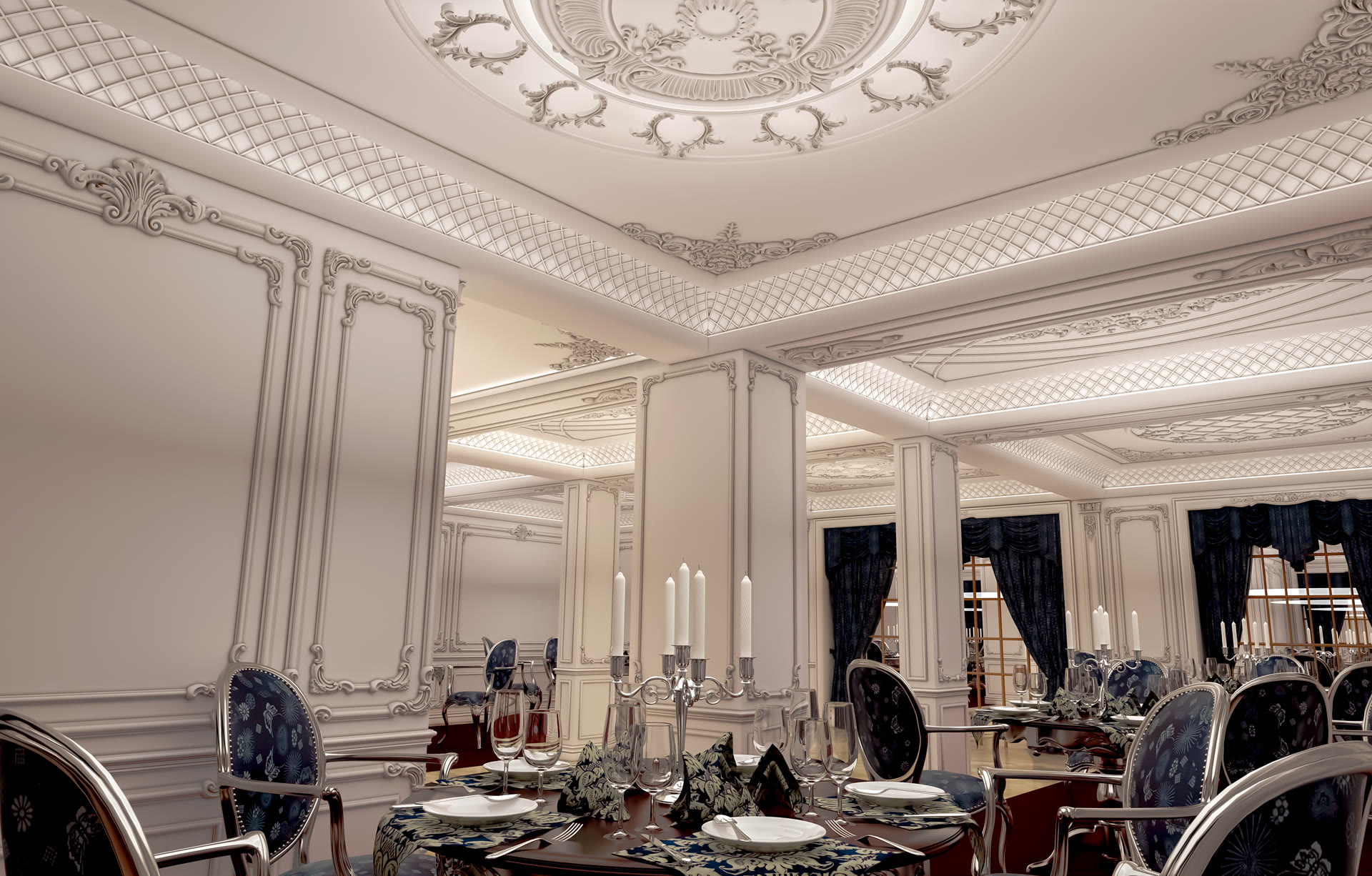 Decor interior clasic cu profile din poliuretan pe pereți, rozetă decorativă pe tavan și stâlpi placați.