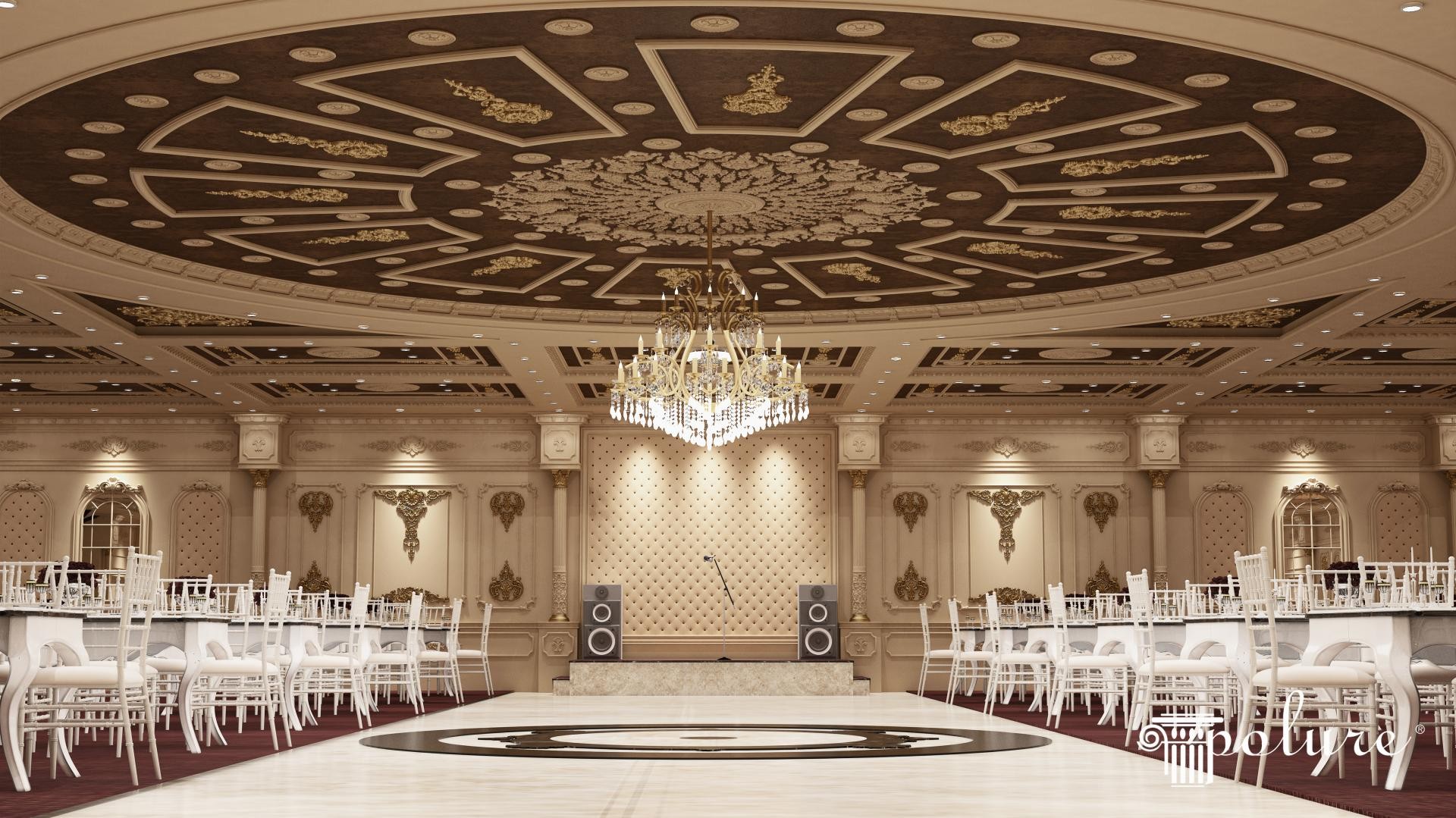 Sala de evenimente amenajata cu cupola din poliuretan, ornamente aurite pe plafon si panouri decorative pe pereti.