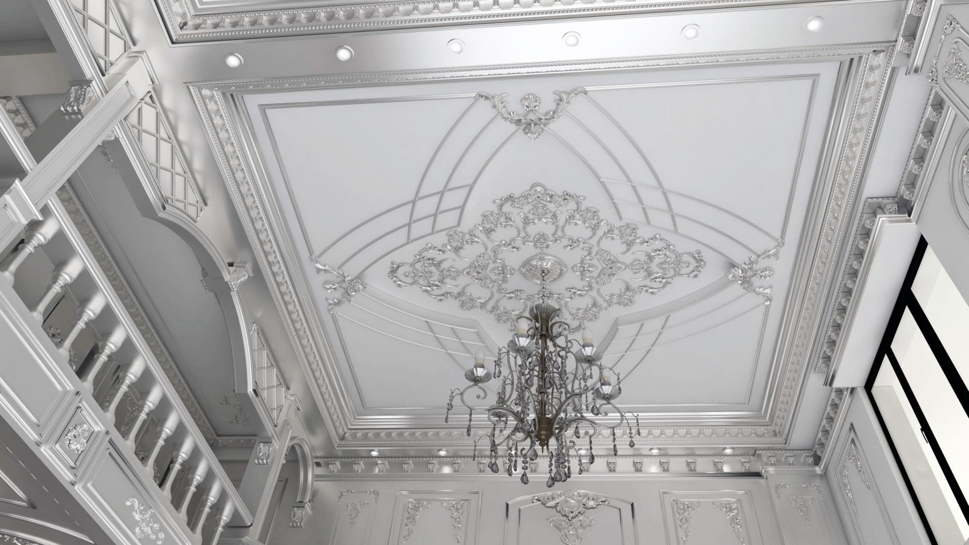Plafon neoclasic decorat cu ornamente din poliuretan argintiu, profiluri elegante și candelabru clasic în centru.