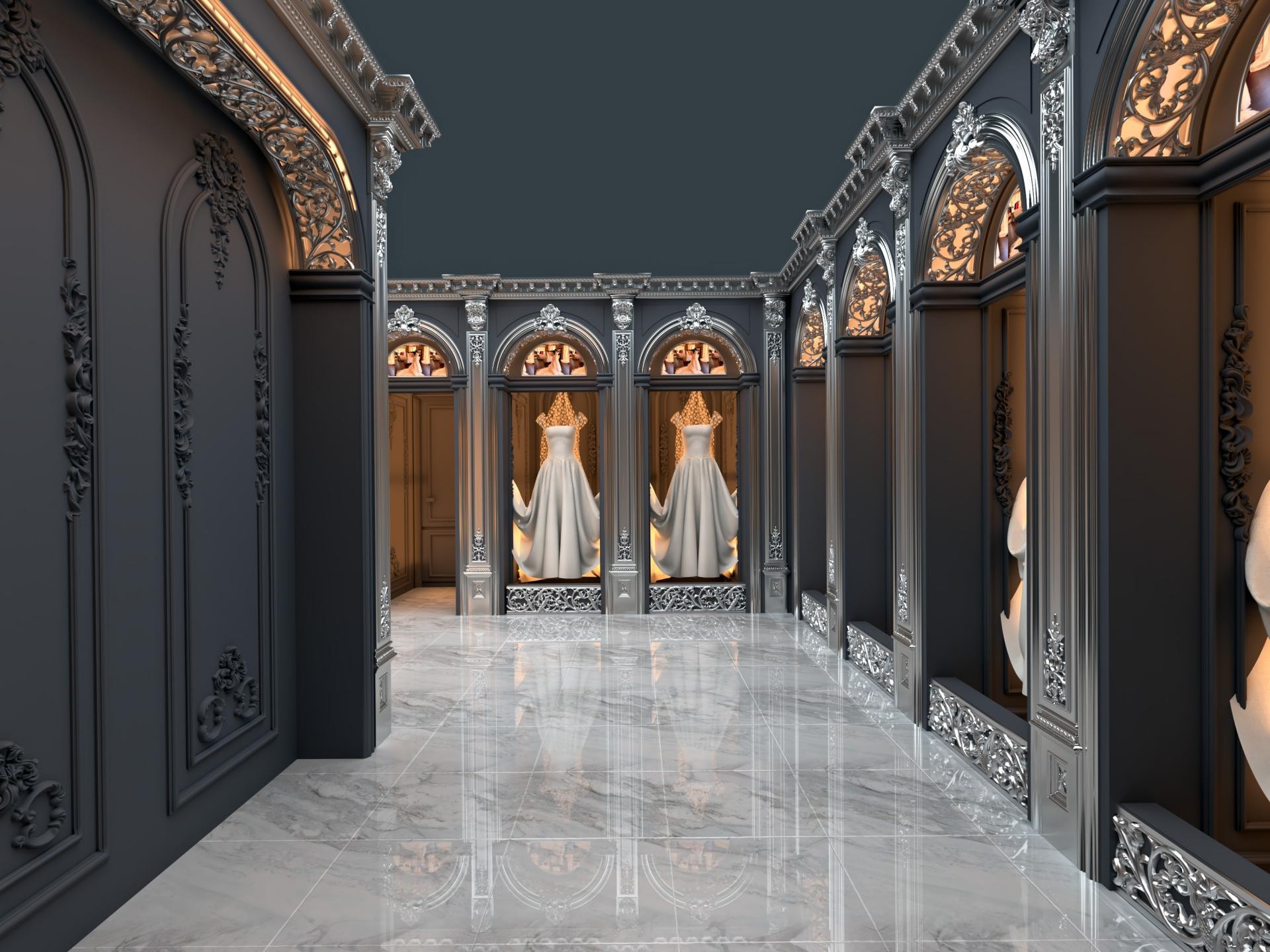 Spațiu comercial elegant cu panouri din poliuretan gri antracit, arcuri decorative argintii și pardoseală din marmură