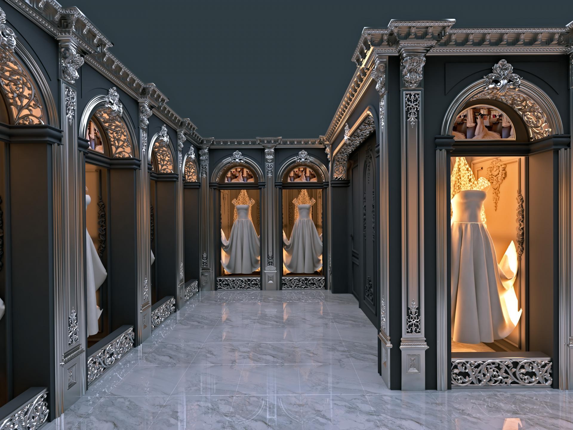 Showroom clasic reinterpreted cu nișe arcuite, pilatri din poliuretan argintii P5018 și perete antracit