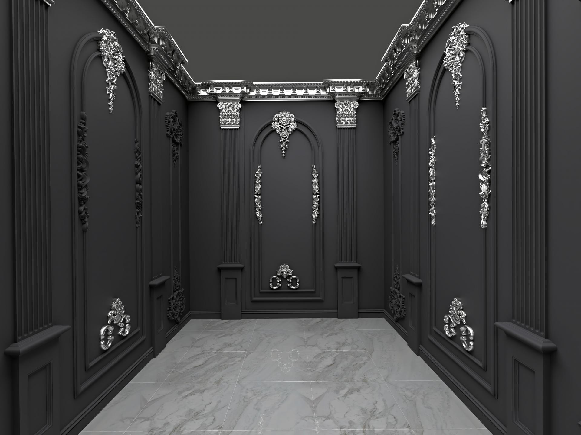 Perete interior decorat cu profile din poliuretan negre și ornamente argintii în stil neoclasic