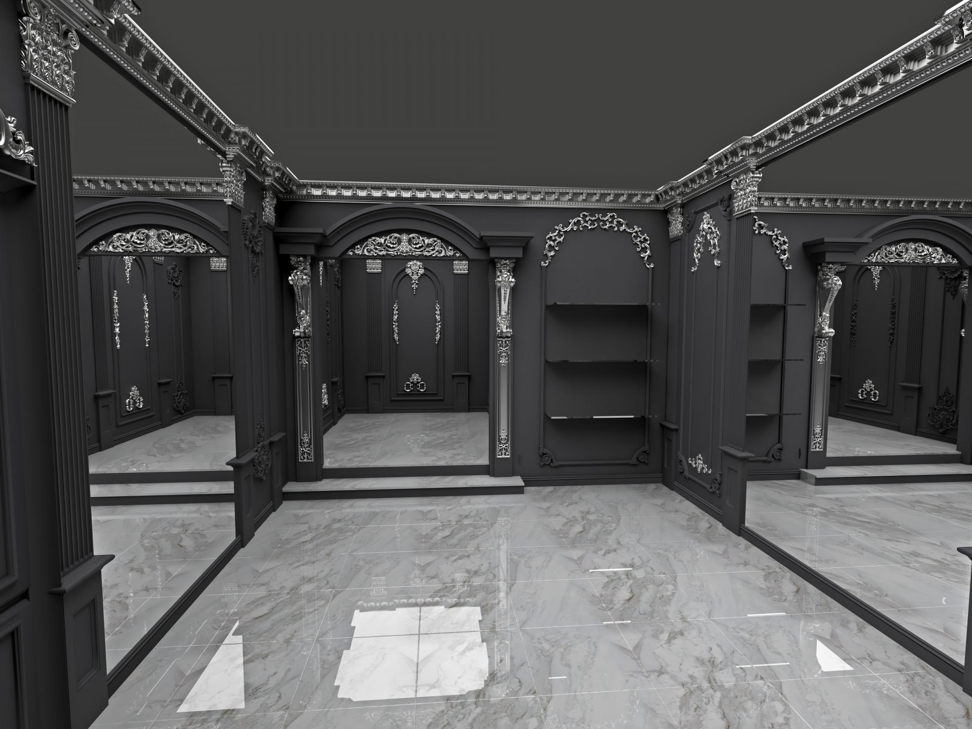 Interior de showroom cu profile din poliuretan negru, pilastri P5018, ornamente argintii și pardoseală din marmură.