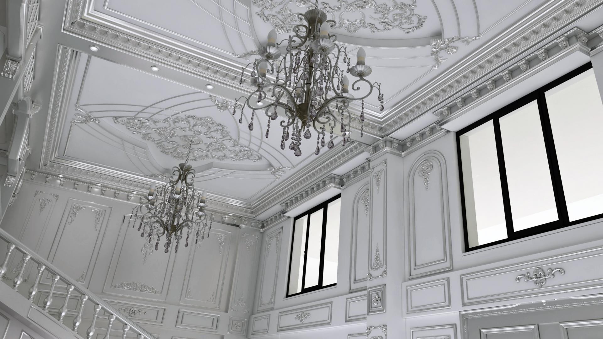 Decor interior neoclasic alb si argintiu cu cupola din poliuretan P441 si profile ornamentale pe pereti