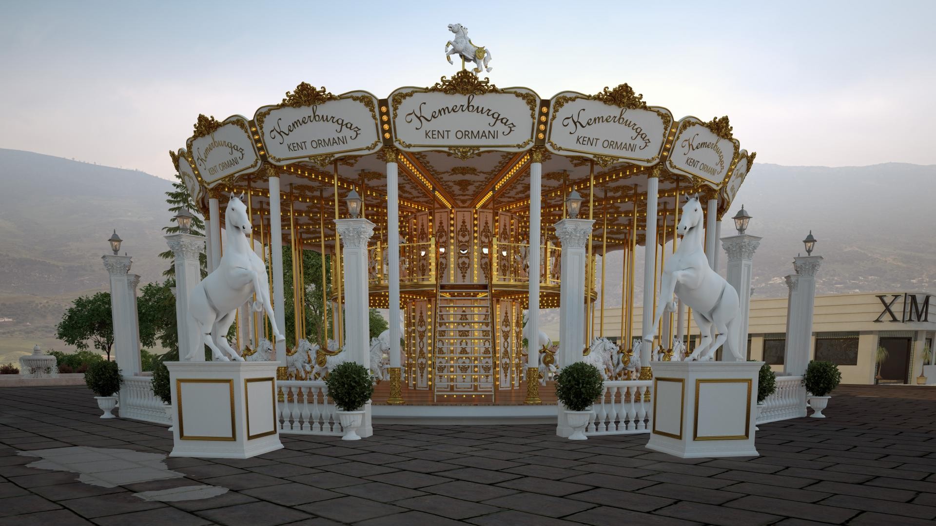 Pavilion circular clasic decorat cu coloane din poliuretan, pilastri albi și ornamente aurii pe fațadă exterior.