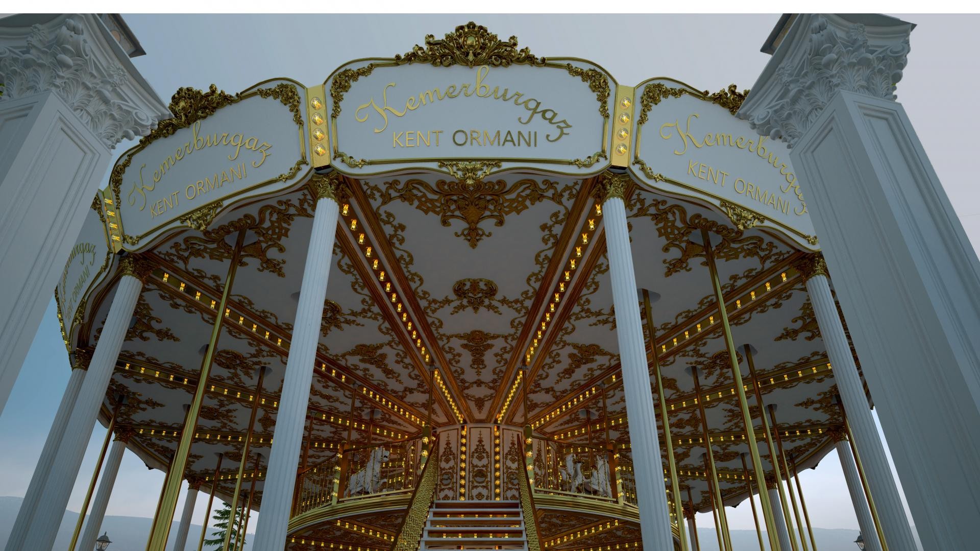 Pavilion circular clasic cu coloane canelate alb-aurii și elemente decorative din poliuretan montate pe fațadă.