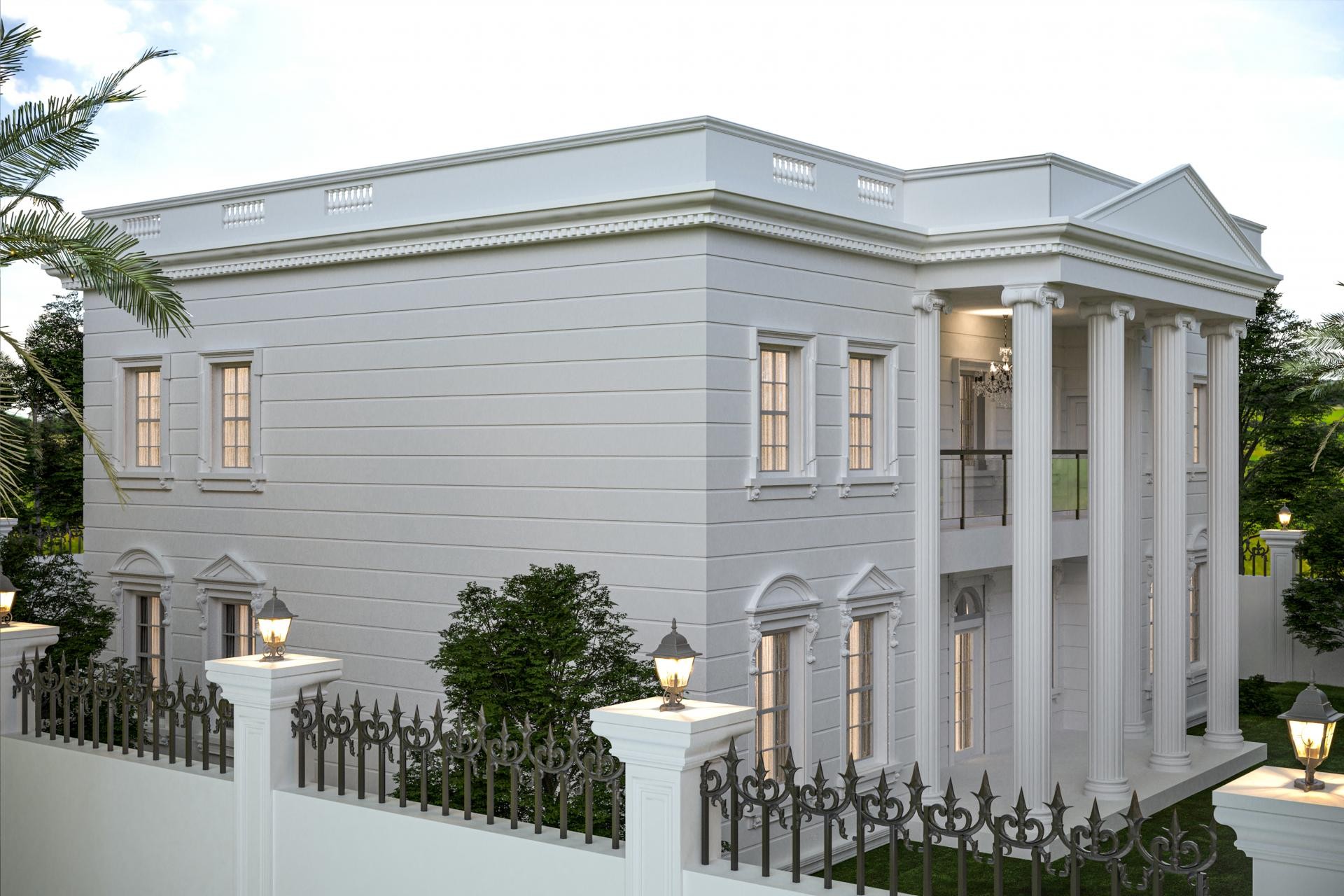 Fațadă albă de vilă neoclasică decorată cu coloane din poliuretan, ancadramente de ferestre și balustradă.