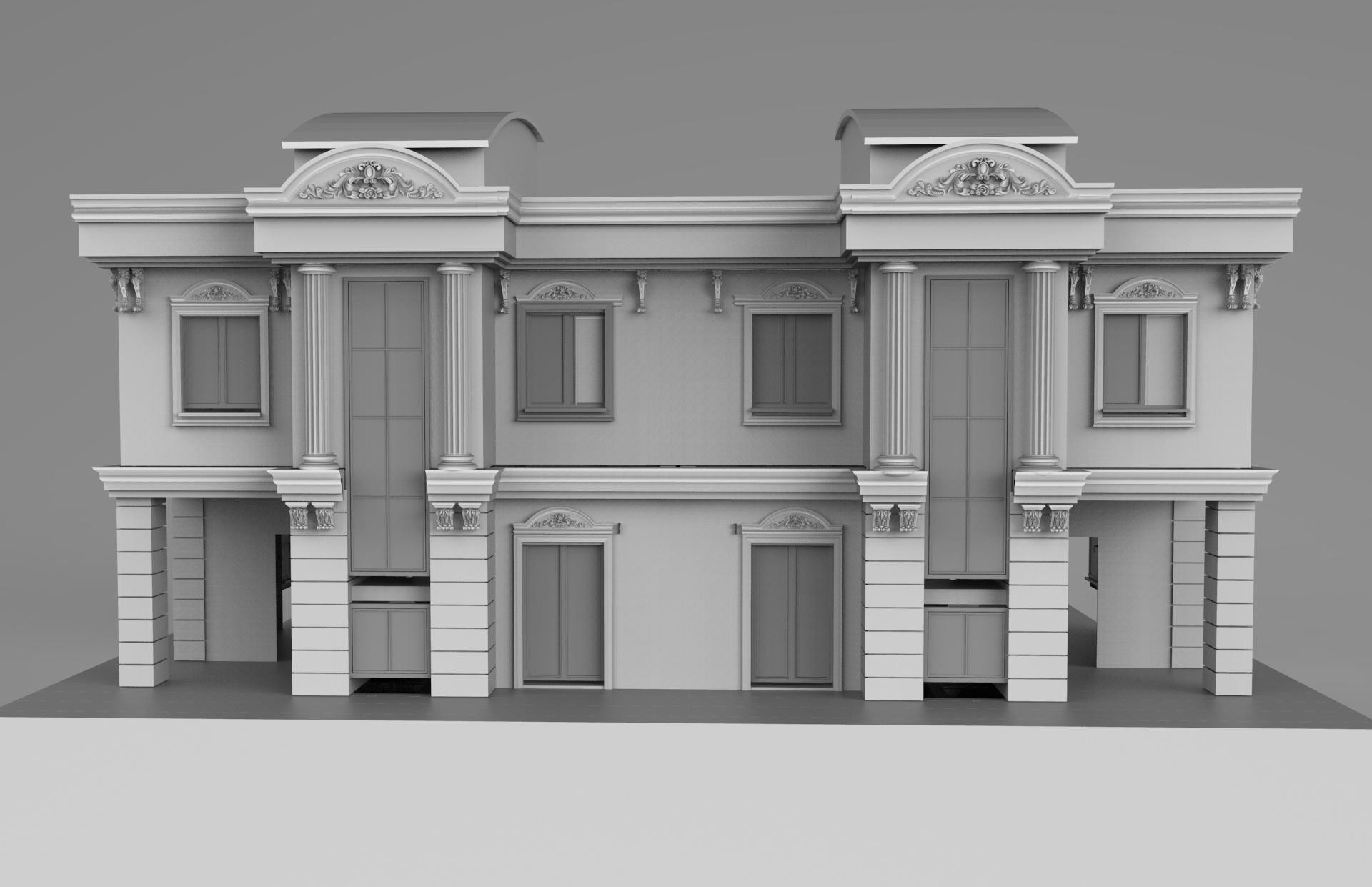 Modelare 3D fațadă vilă clasică cu coloane decorative din poliuretan, ancadramente puncționate și frontoane simetrice.