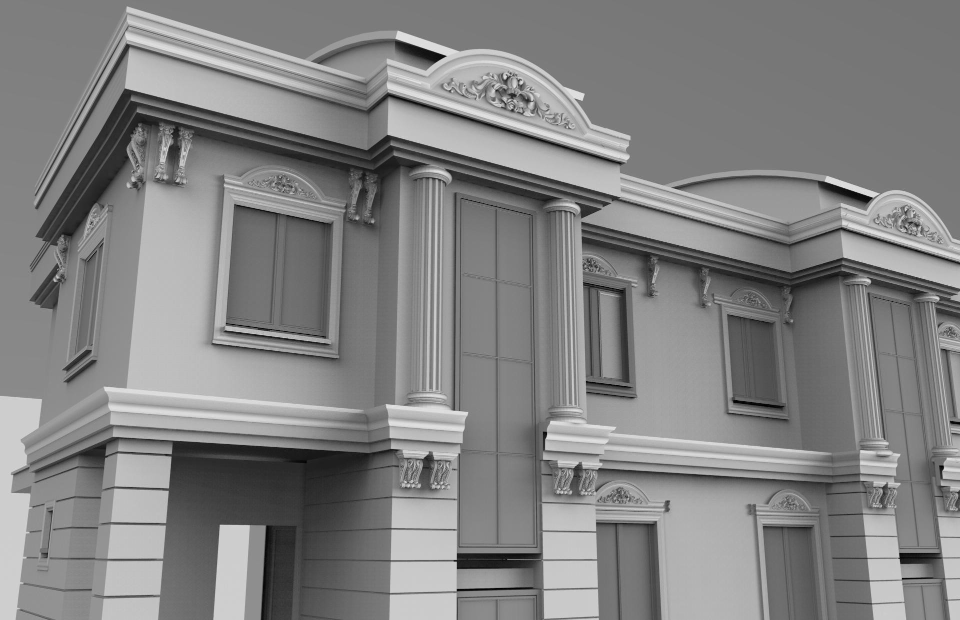 Fațadă exterioară de vilă clasică cu coloane canelate din poliuretan, ancadramente și console decorative gri.