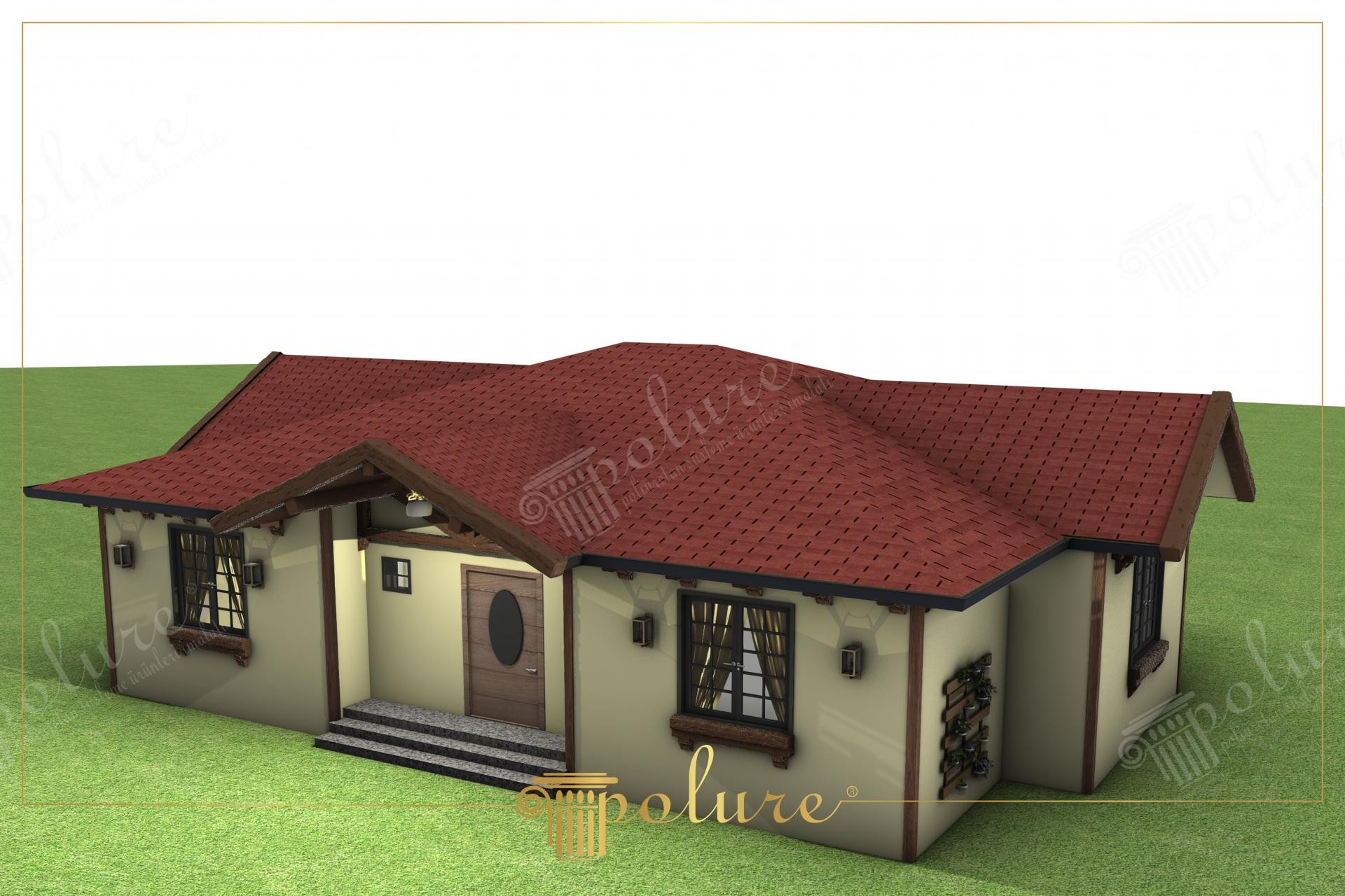 Casă individuală rustică cu fațadă crem, acoperiș roșu și grinzi decorative din poliuretan la streașină