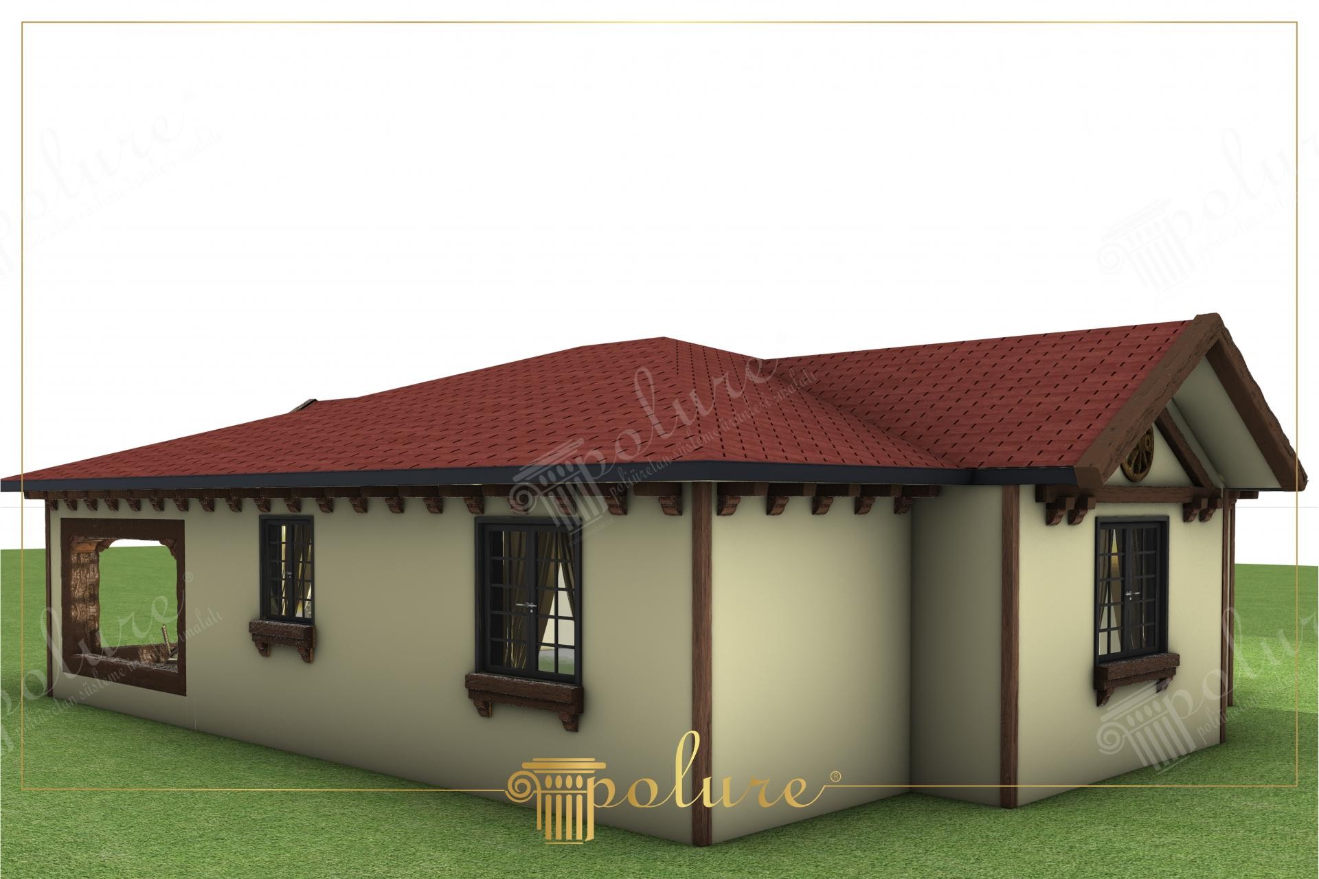 Fațadă de casă unifamilială rustică cu căpriori și grinzi decorative din poliuretan maro pe tencuială crem