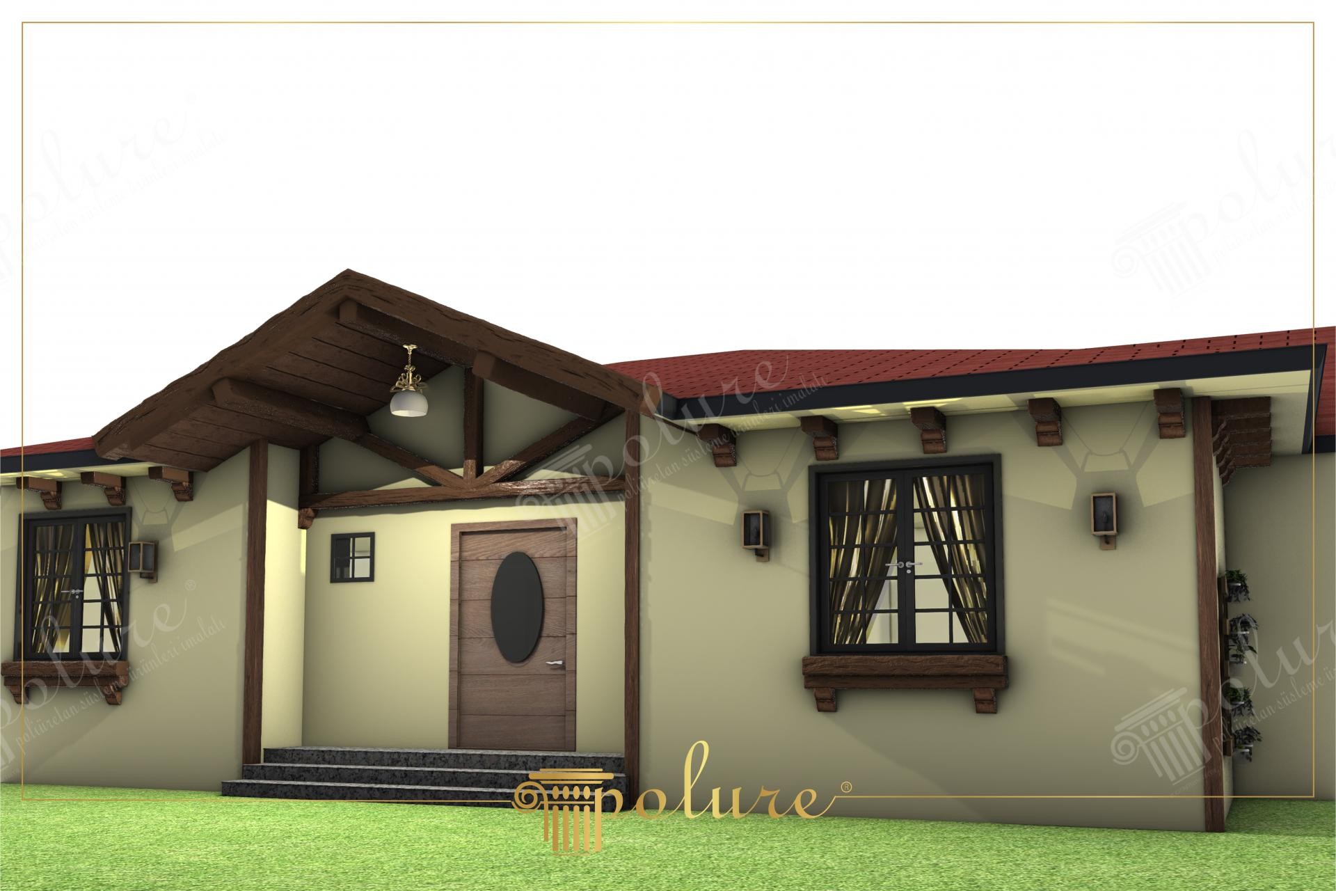 Fațadă de casă cu grinzi decorative din poliuretan maro închis, cornișe și structură rustică pe pereți bej.