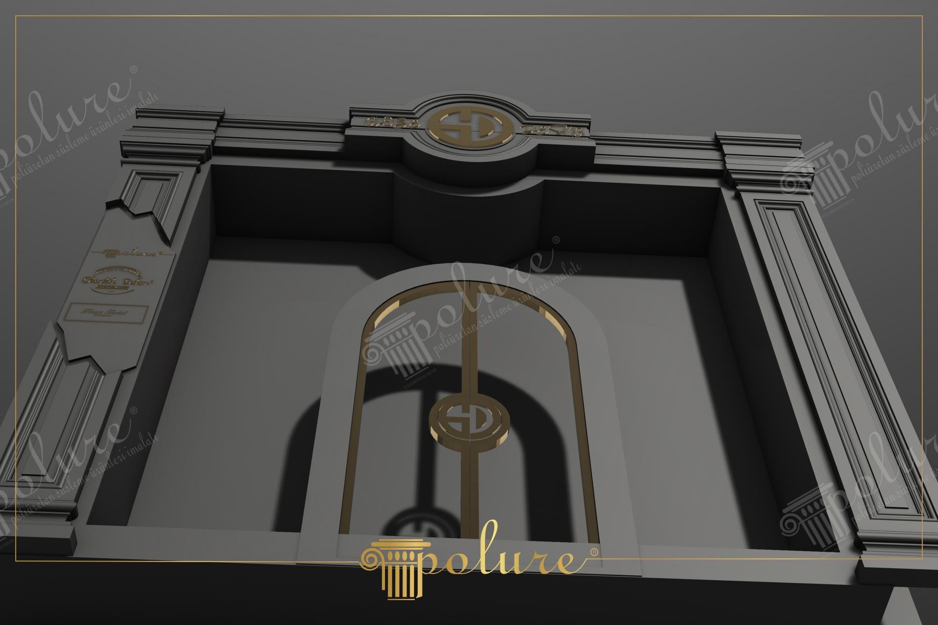 Fațadă de magazin cu ancadramente din poliuretan gri antracit, arcadă centrală și detalii aurii decorative.
