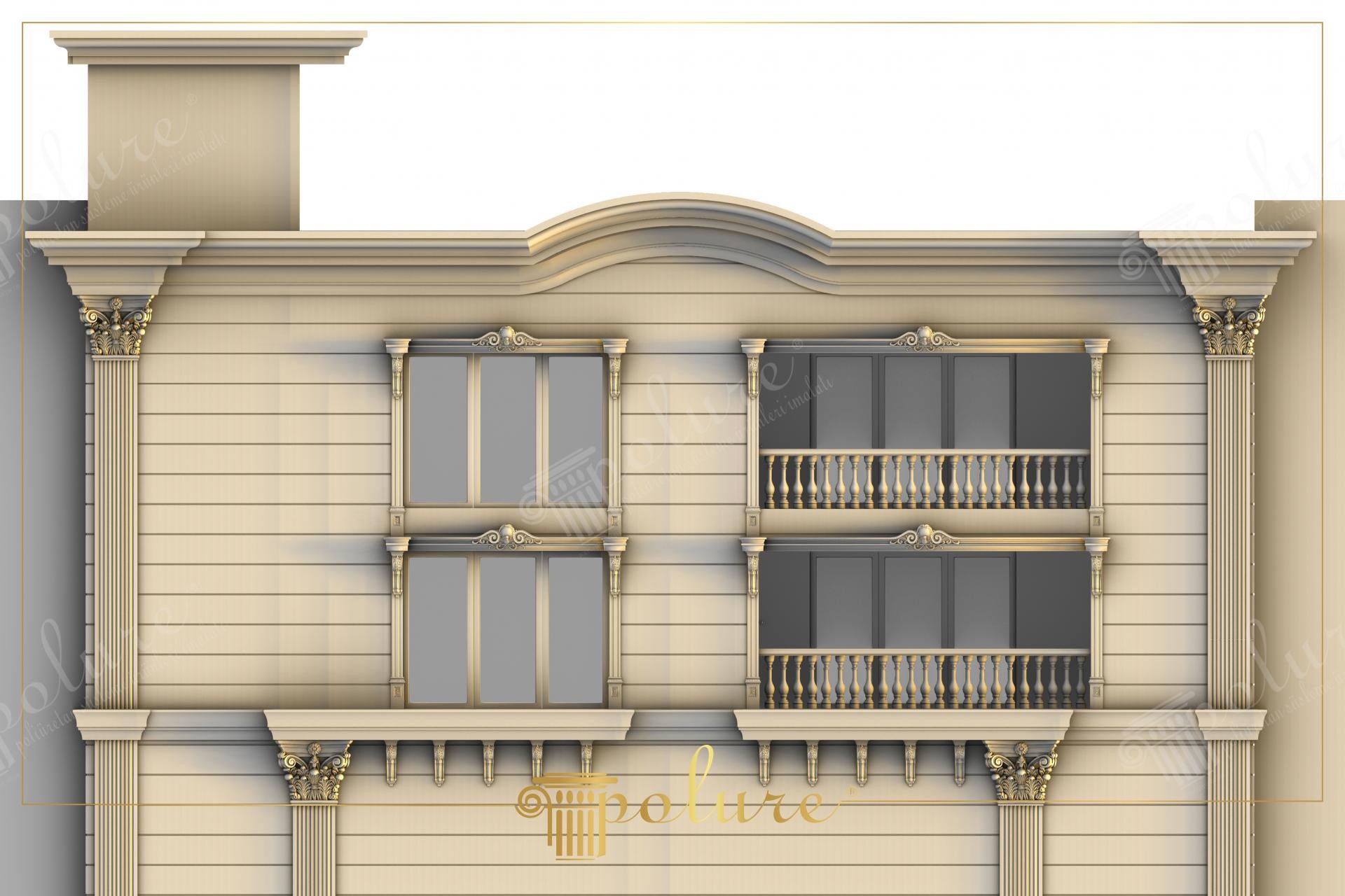 Fațadă clasică decorată cu pilastri din poliuretan, capiteluri corintice, balustrade și ancadramente la ferestre.
