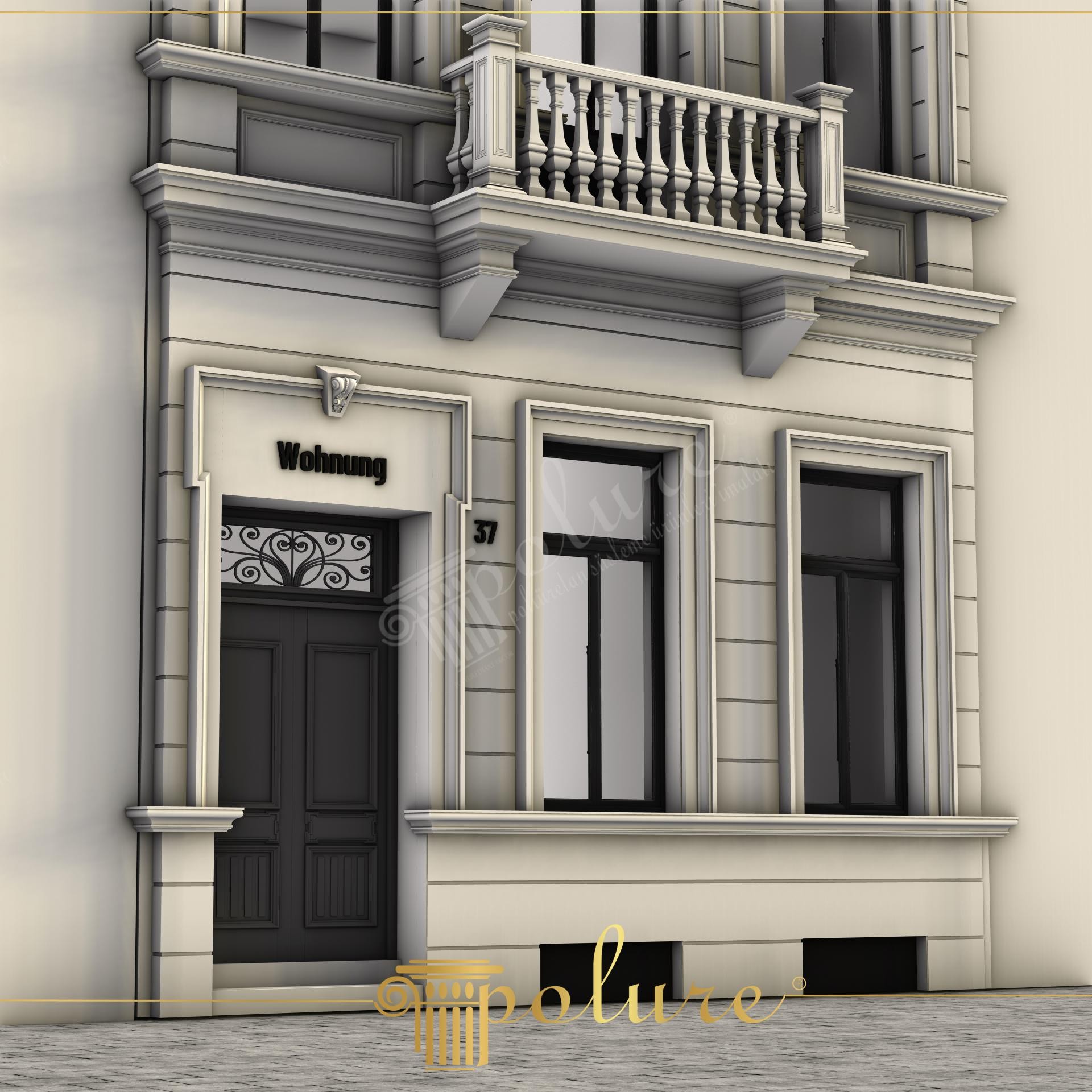 Fațadă clasică renovată cu ancadramente de ușă și ferestre din poliuretan, plus balustradă la balcon.