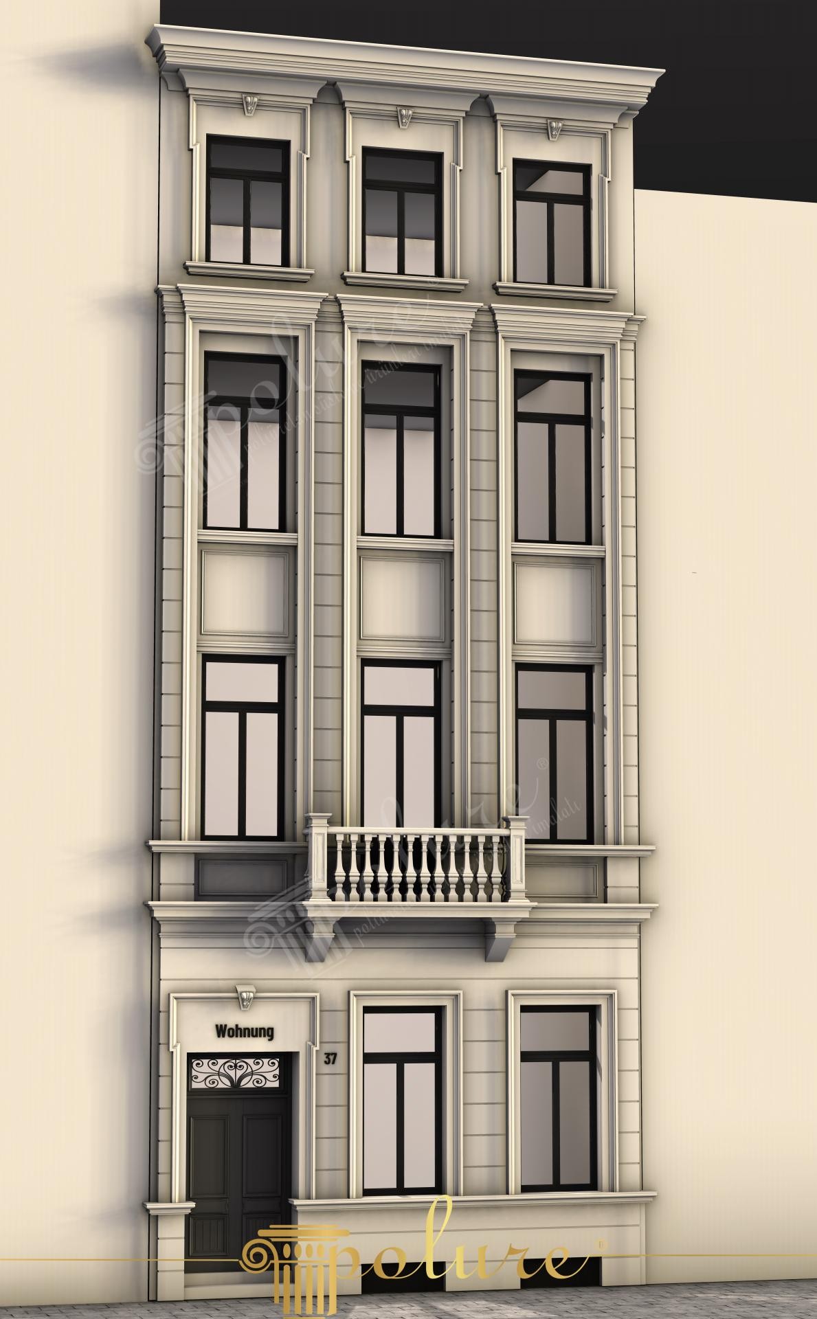 Fațadă clădire neoclasică decorată cu profiluri din poliuretan, balustradă și pilastri pe 4 niveluri.