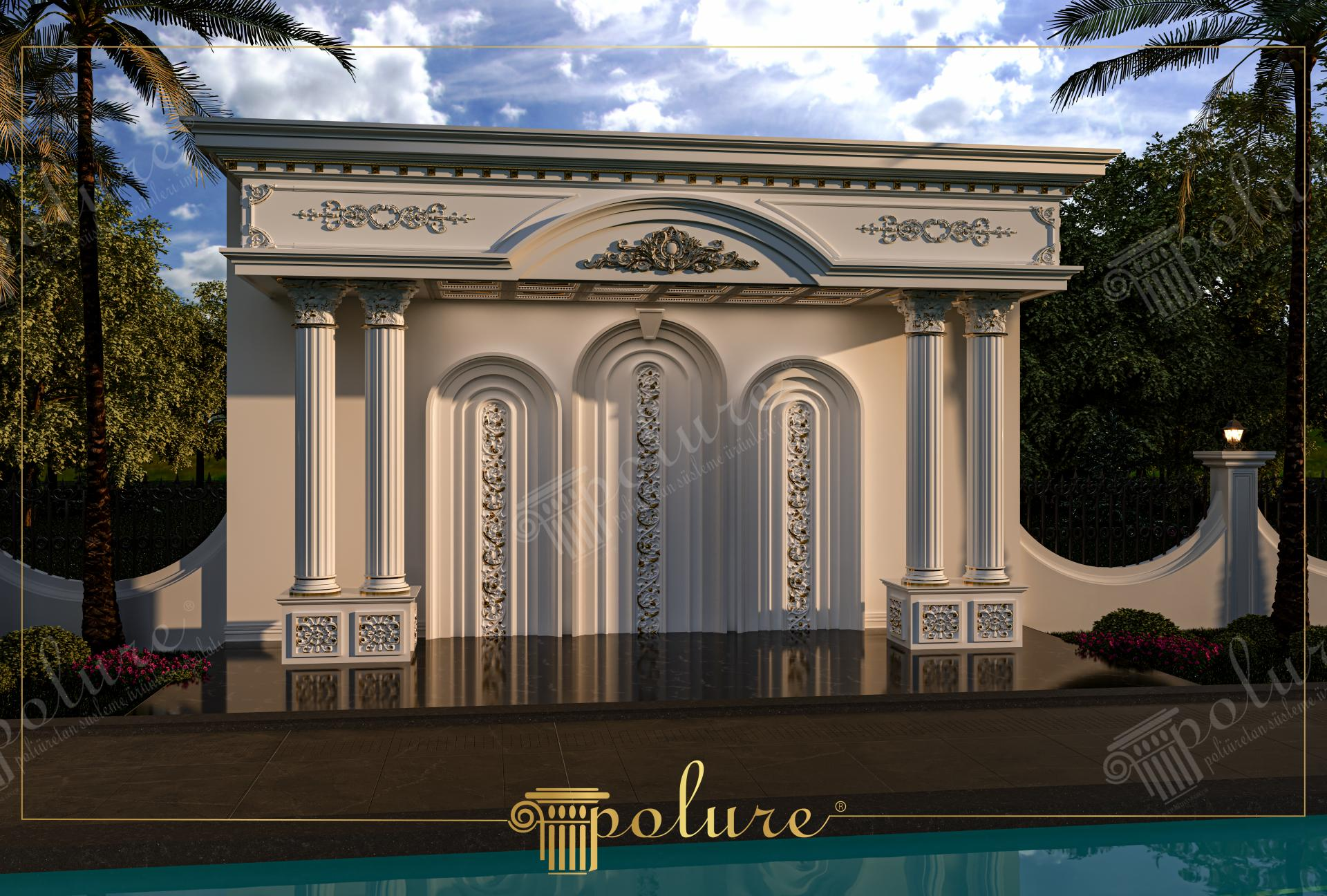 Structură exterioară clasică cu coloane din poliuretan, arcade decorative cu detalii aurii și fronton decorativ.