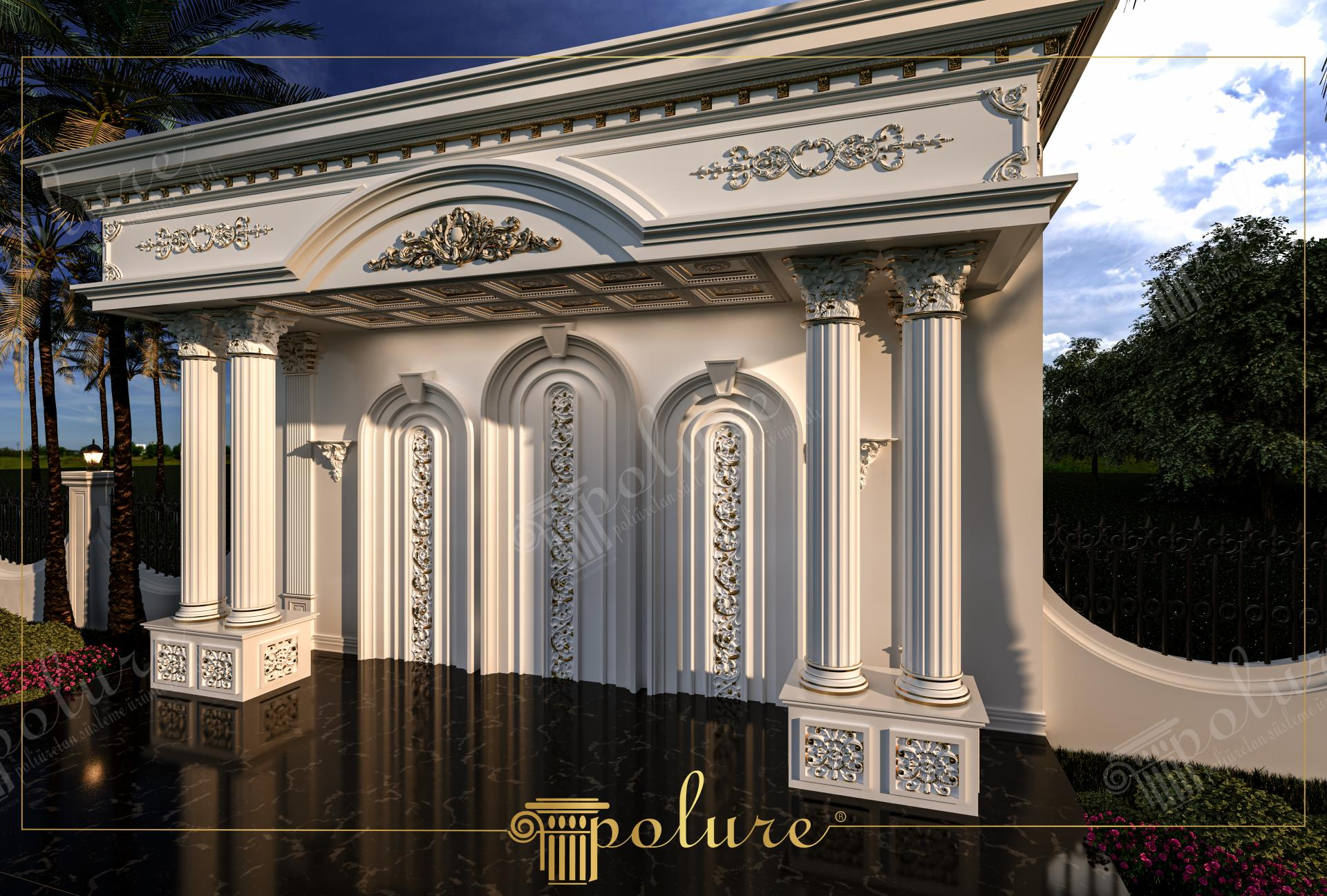 Fațadă clasică decorată cu coloane din poliuretan, arcade sculptate și detalii aurii pe fundal alb.
