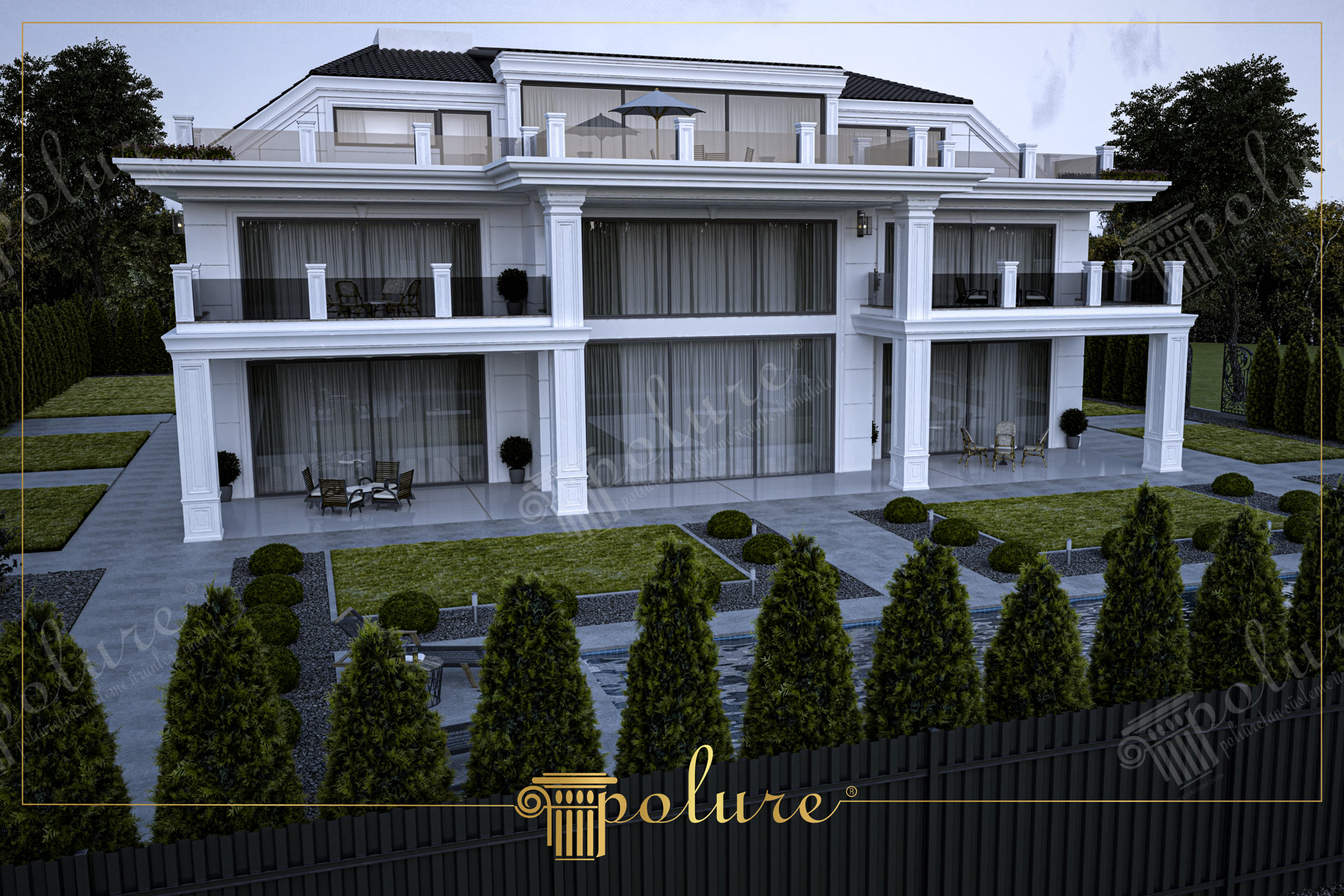 Fațadă albă de vilă modernă cu coloane pătrate și profile decorative din poliuretan lângă piscină.