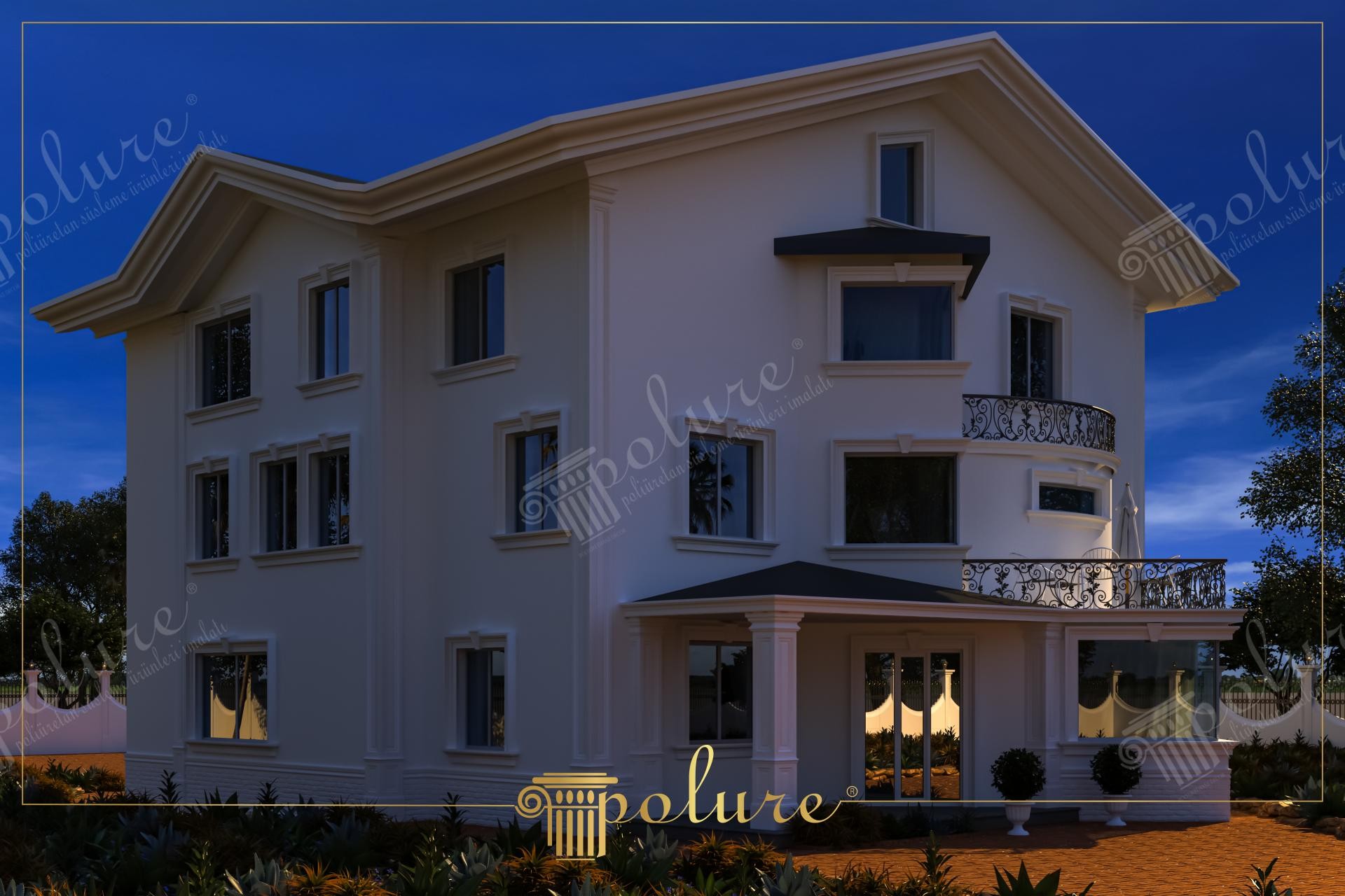 Fațadă albă de vilă modernă cu profile decorative din poliuretan, ancadramente de ferestre și coloane de susținere iluminat noaptea.
