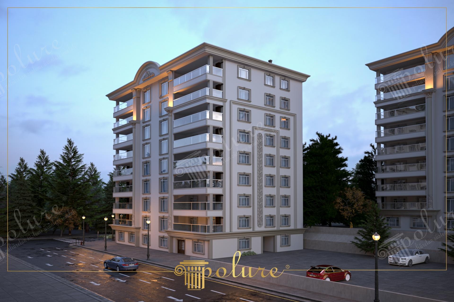 Fațadă de clădire rezidențială multietajată decorată cu profile, cornișe și ancadramente decorative din poliuretan.