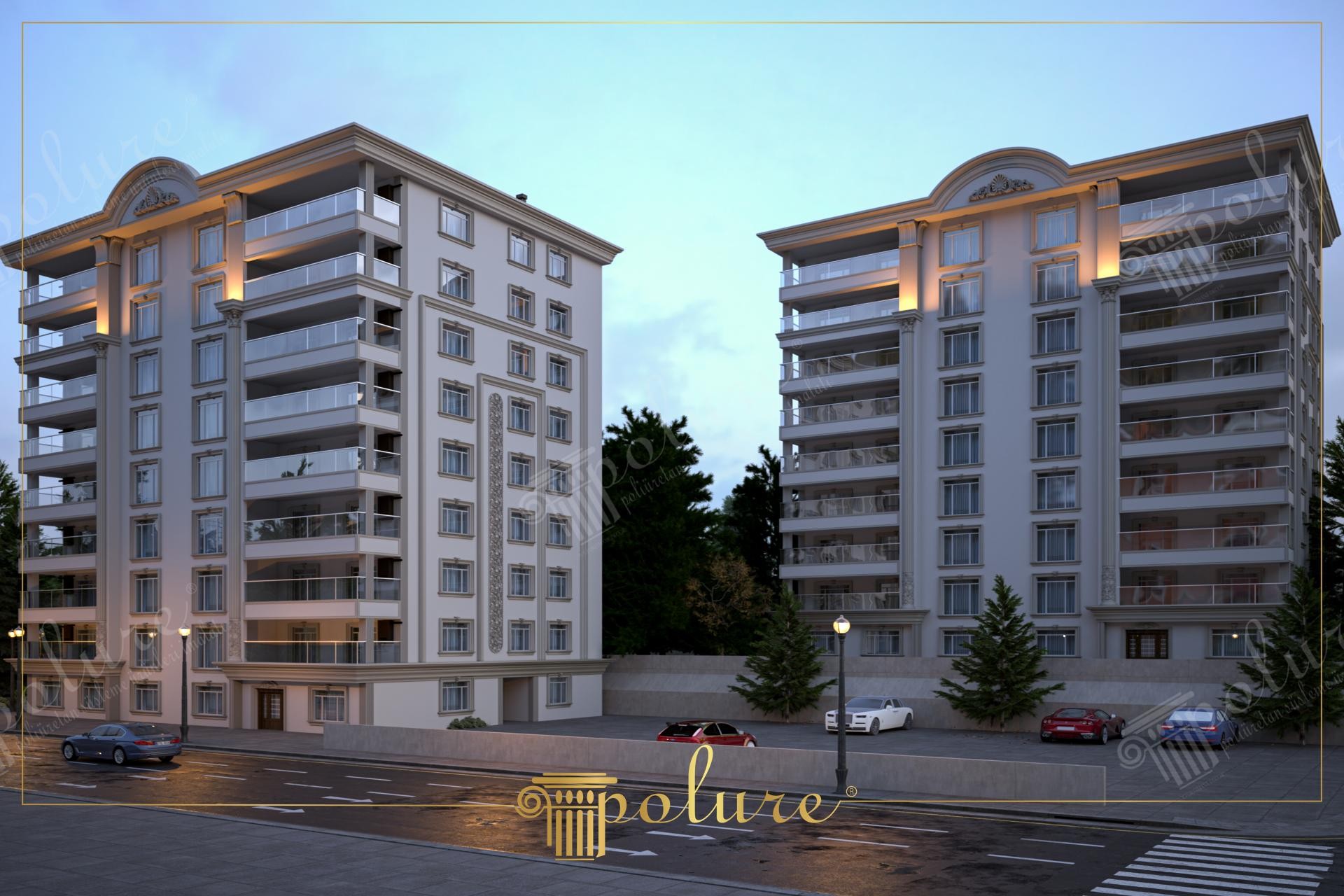 Ansamblu rezidențial modern cu fațadă clasică reinterpretată decorată cu pilaștri, brâuri și frontoane din poliuretan.