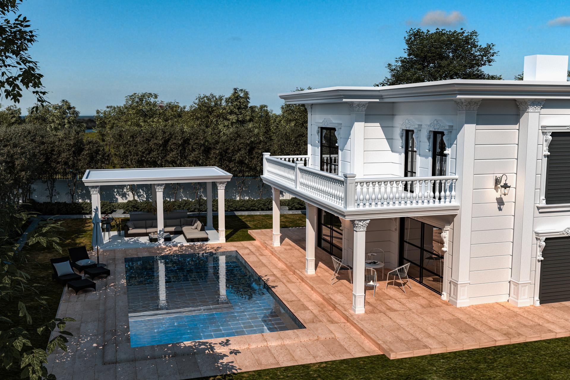 Fațadă albă de vilă clasică cu coloane din poliuretan, balustradă decorativă la balcon și piscină exterioară.