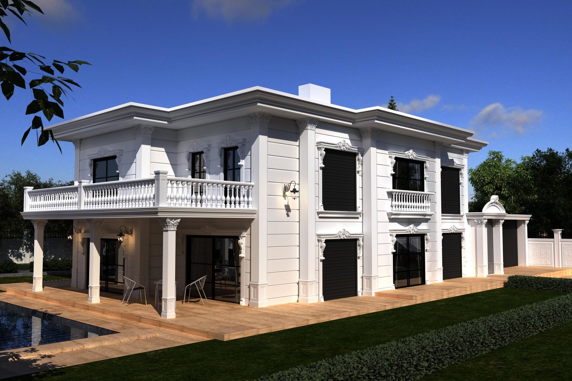 Fațadă albă de vilă cu coloane din poliuretan, balustradă la etaj și ancadramente decorative la ferestre.