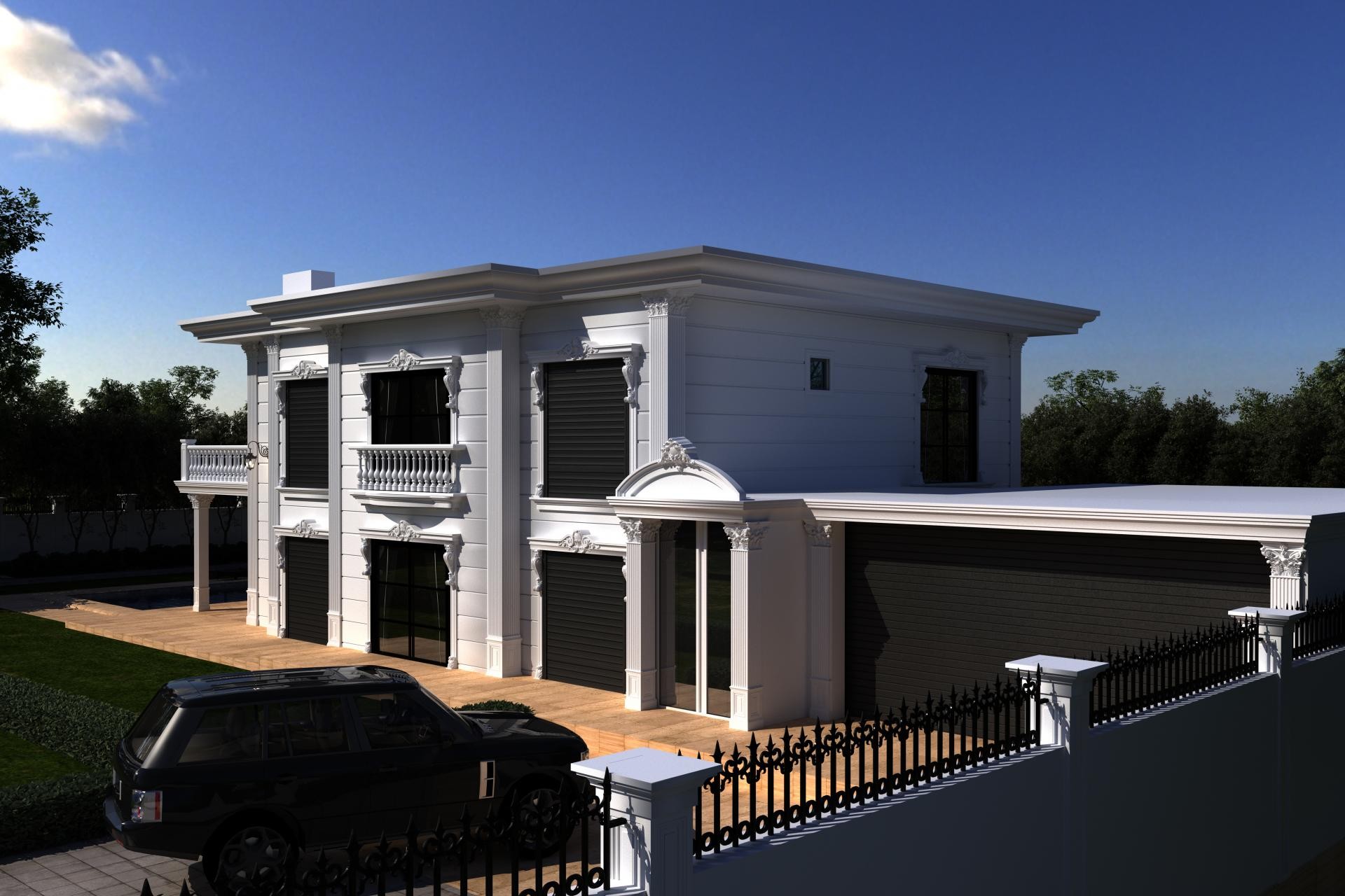 Fațadă albă de vilă clasică cu profile decorative din poliuretan, obloane negre și coloane ornamentale