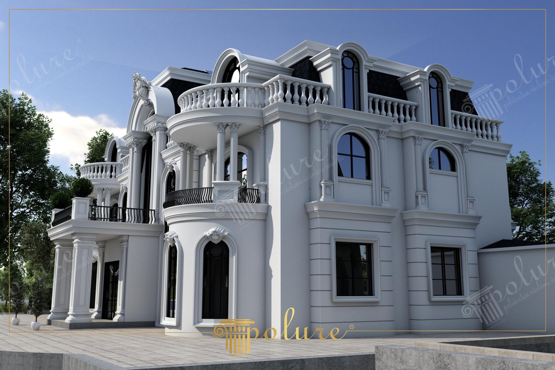 Fațadă albă de vilă neoclasică decorată cu coloane, ancadramente de ferestre boltite și balustrade din poliuretan.