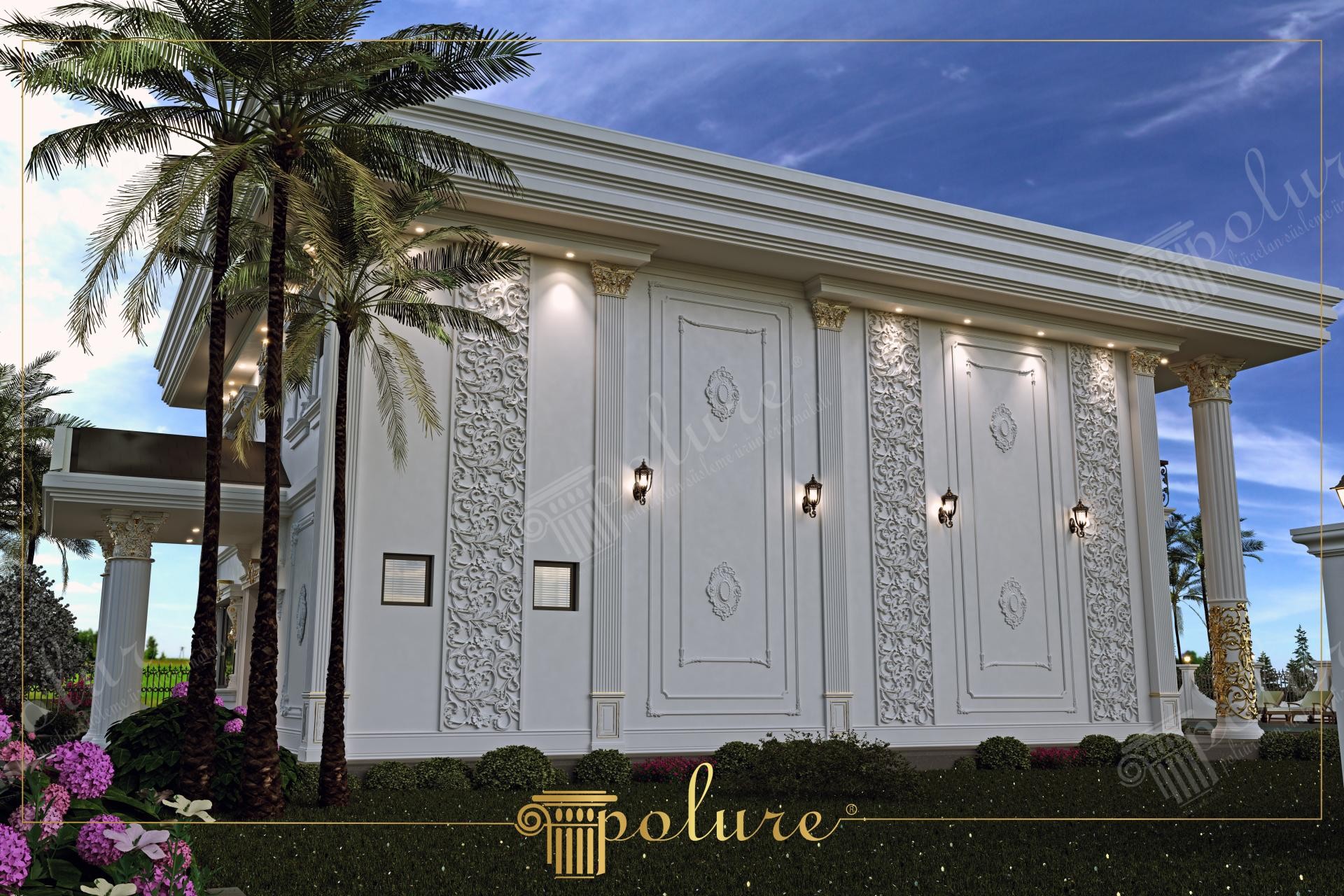 Fatada exterioara de vila clasica decorata cu coloane si panouri din poliuretan rezistent cu capitiluri aurite si lumini decorative.