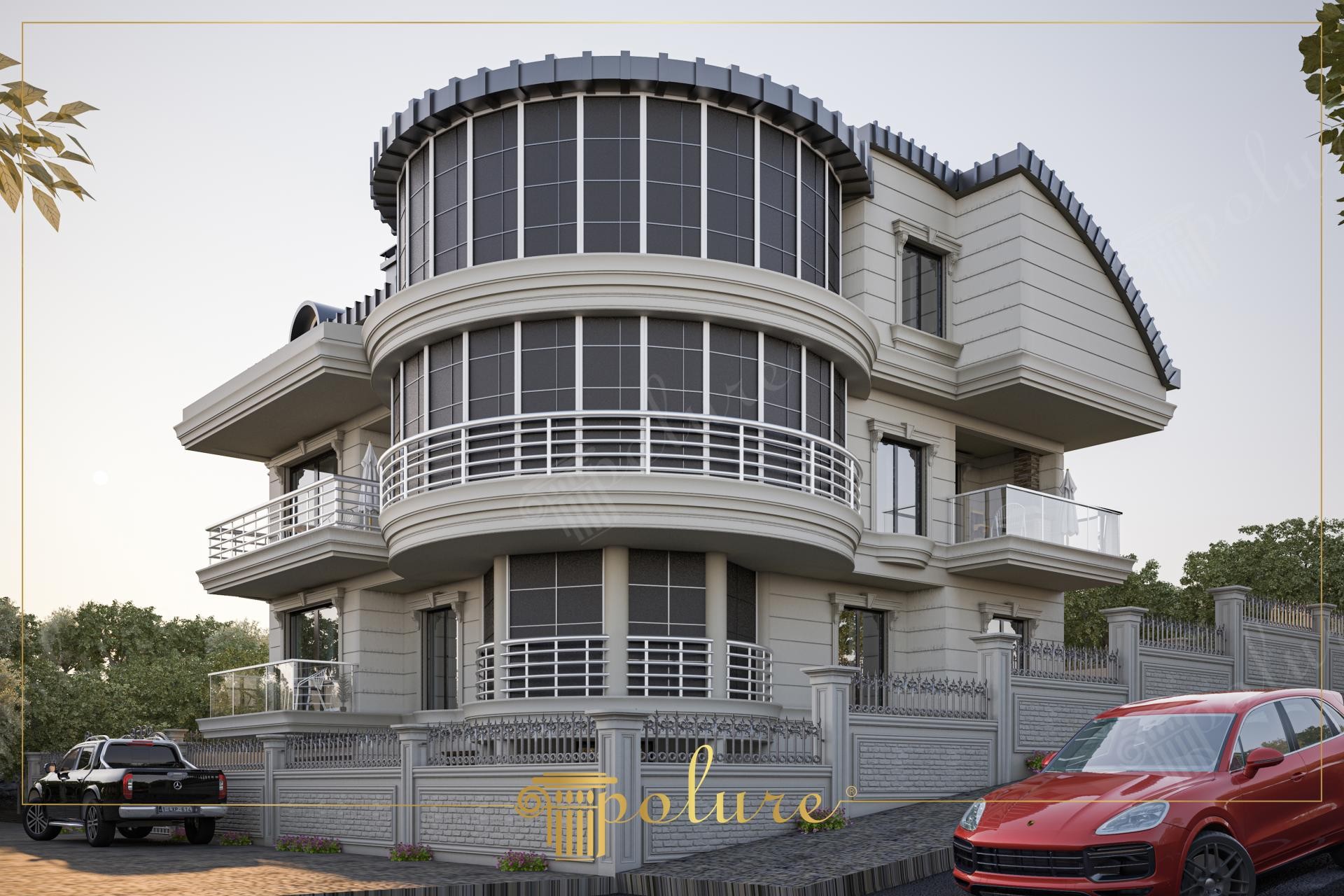 Fațadă modernă de vilă cu ancadramente curbate din poliuretan, panouri decorative orizontale și balcoane spațioase