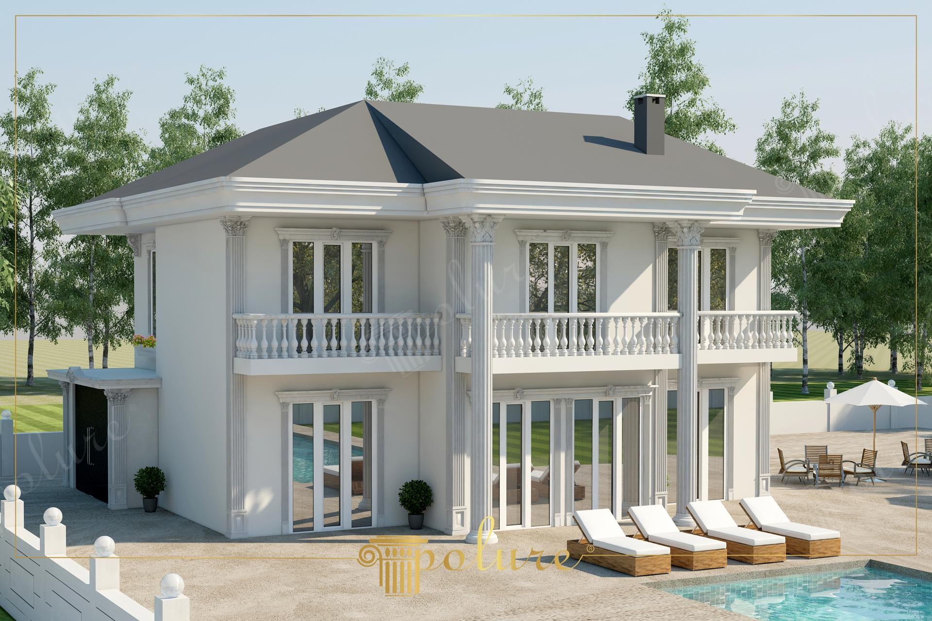 Fațadă albă de vilă neoclasică cu coloane decorative din poliuretan, balustradă la etaj și piscină exterioră.