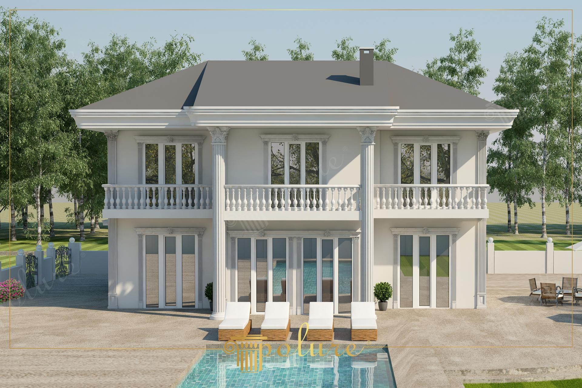 Fațadă albă de vilă clasică cu coloane din poliuretan, balcon cu balustri și piscină exterioară.