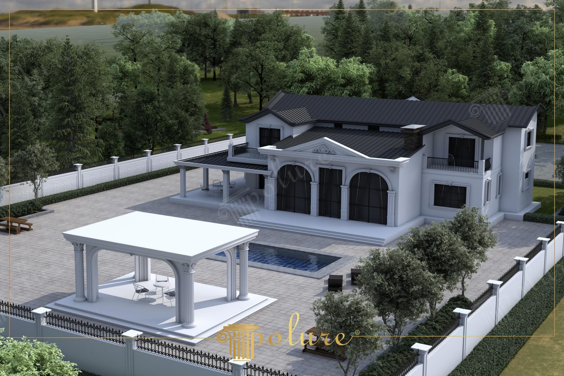 Fațadă de vilă clasică cu coloane din poliuretan, ancadramente de piese decorative și gazebo lângă piscină.