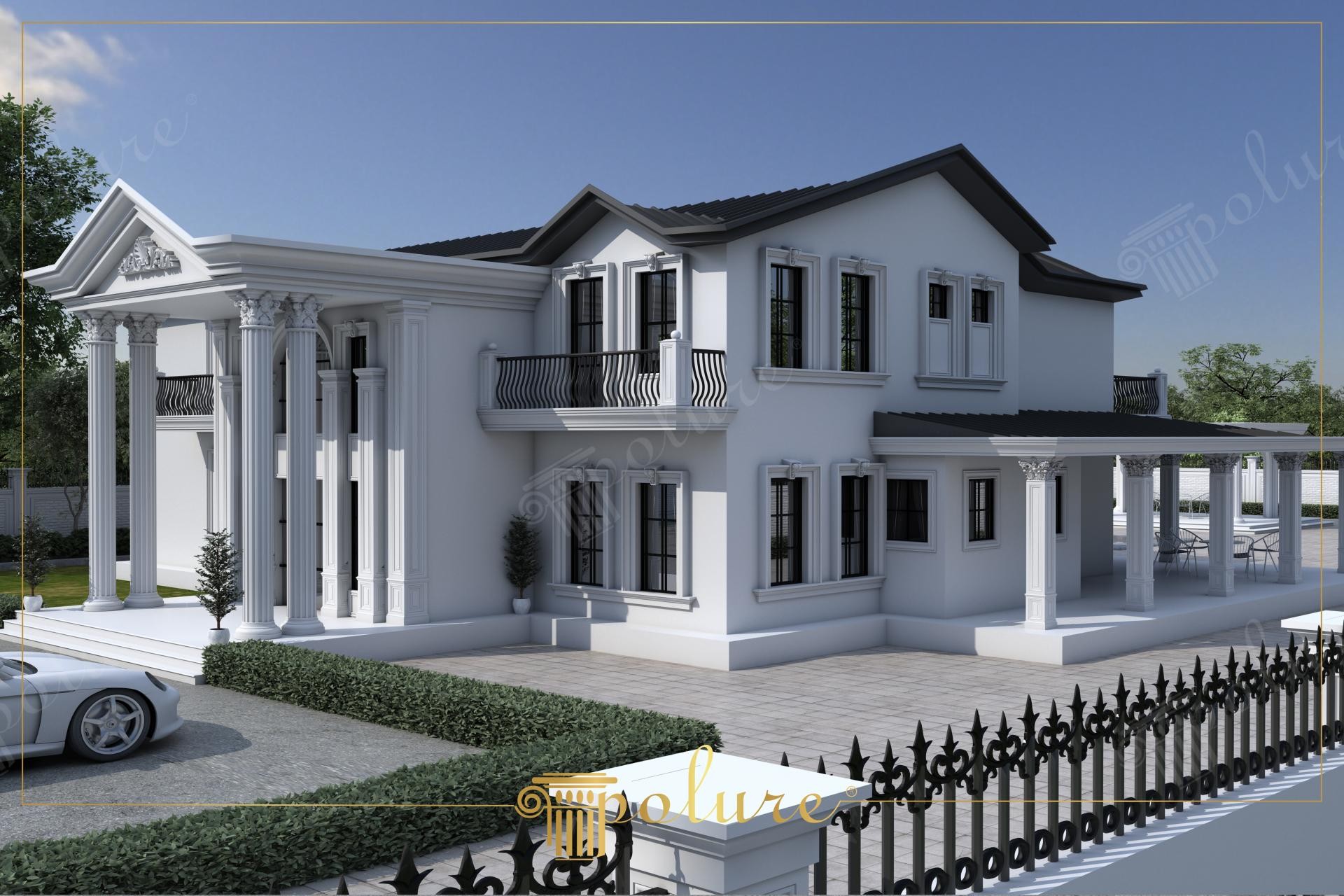 Fațadă neoclasică albă de vilă cu coloane din poliuretan, ancadramente de ferestre și balcon ornamental.