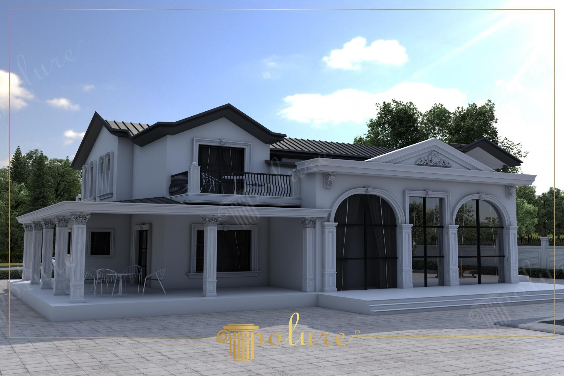 Fațadă de vilă cu coloane decorative din poliuretan, ferestre mari în arcadă și detaliu de fronton clasic.