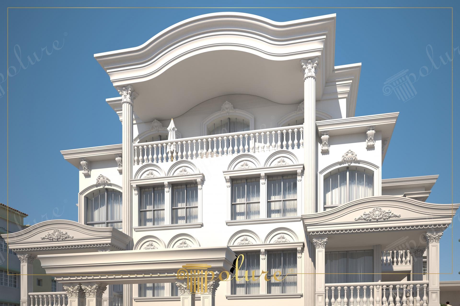 Fațadă albă de vilă clasică cu coloane din poliuretan, balcoane decorate, cornișe profilate și ferestre arcuite.