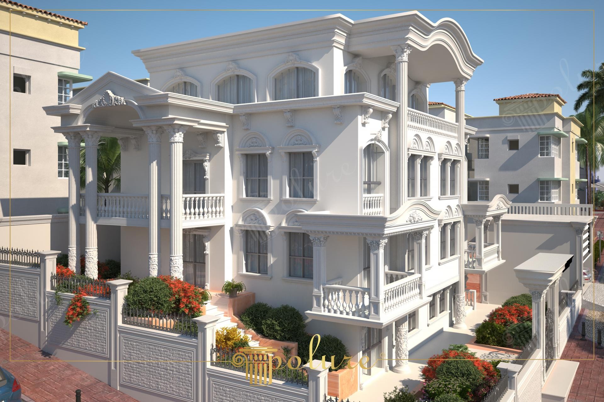 Fațadă albă de vilă clasică decorată cu coloane din poliuretan, ancadramente ferestre și balustrade elegante.