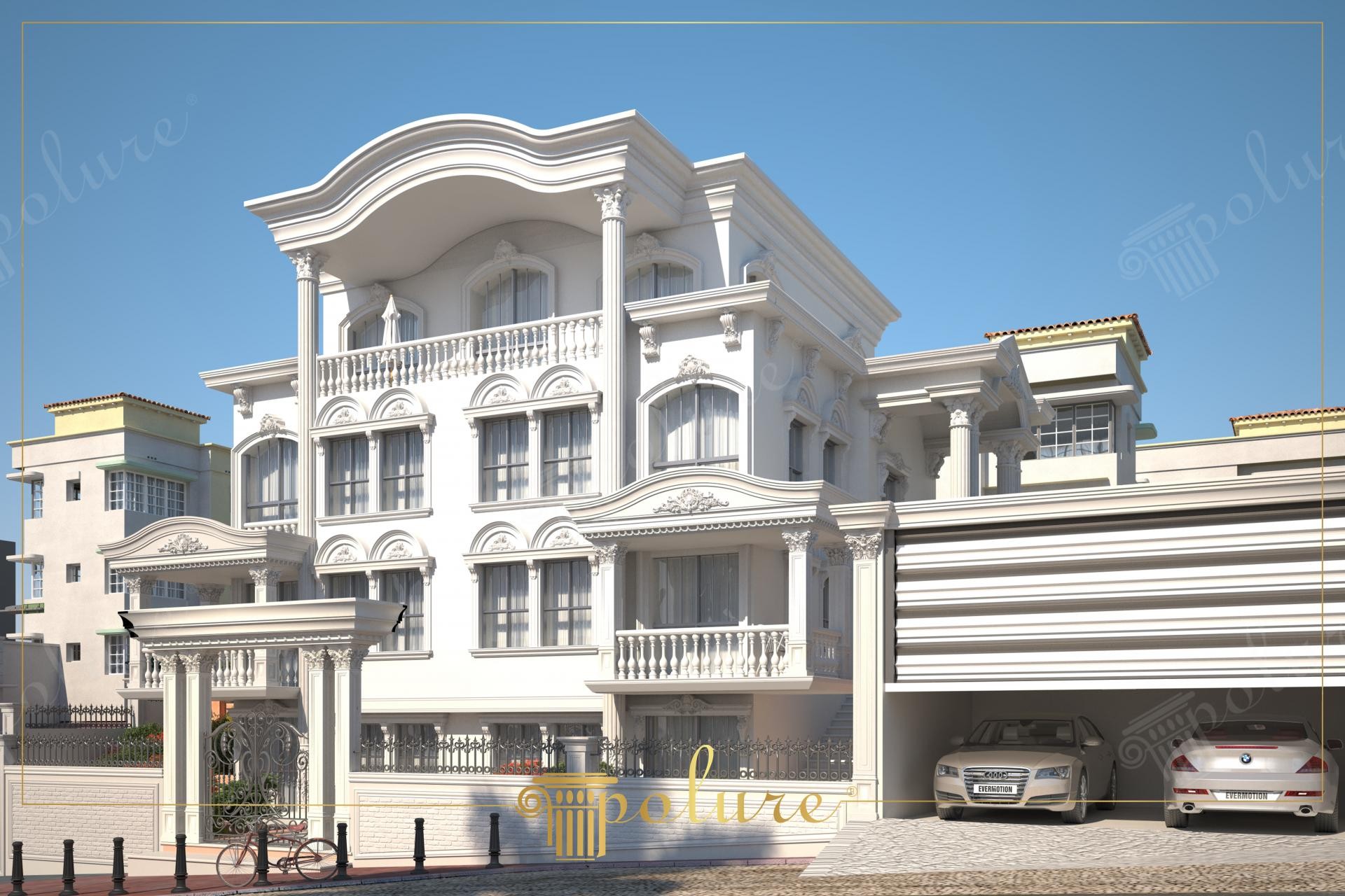 Fațadă albă de vilă clasică decorată cu coloane, ancadramente arcuite din poliuretan și balustrade la balcon.