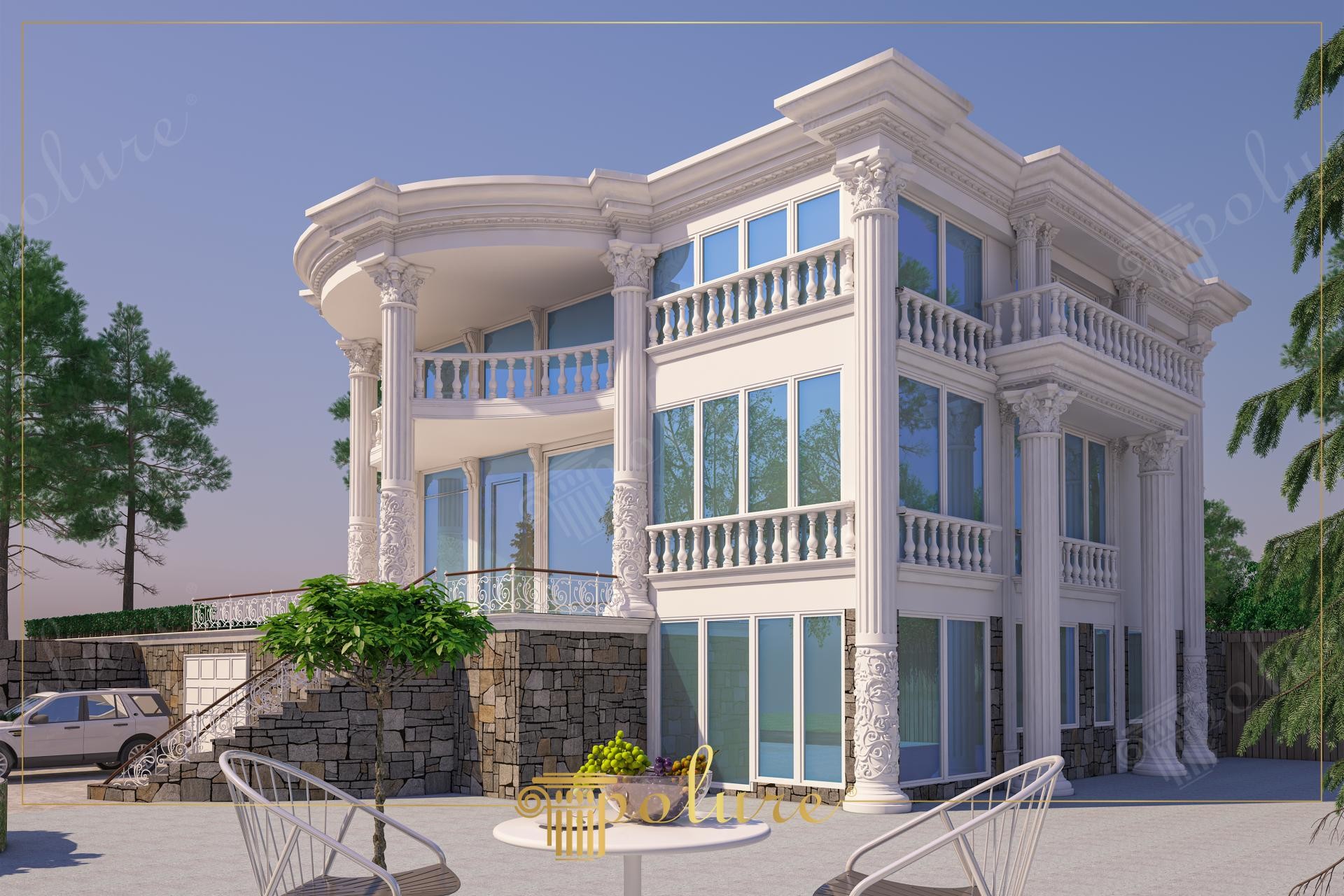Fațadă albă de vilă cu coloane decorative din poliuretan, balustrade elegante și ferestre mari din sticlă.