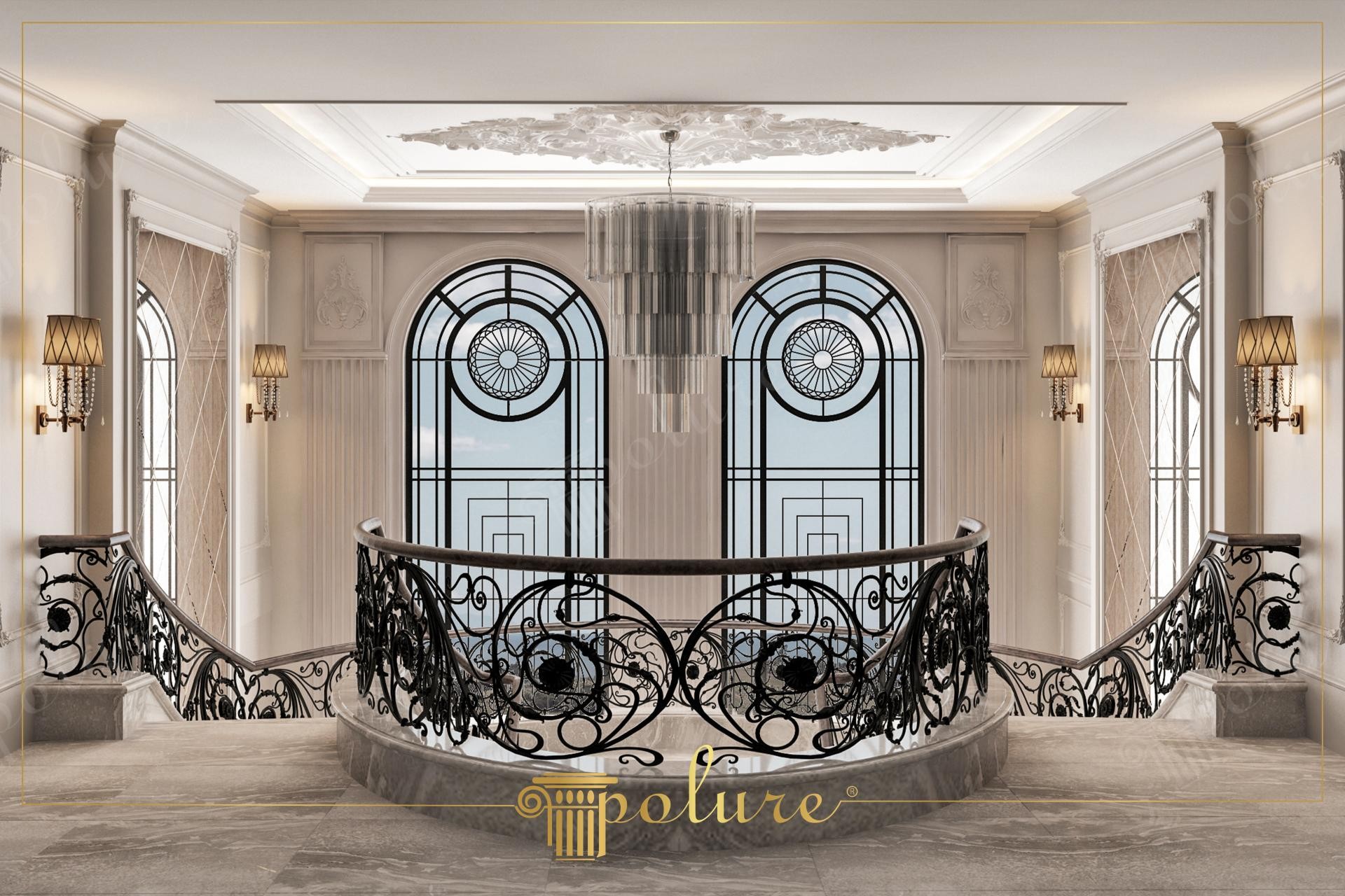 Hol clasic spectaculos cu scară dublă, cornișe decorative din poliuretan, ferestre boltite și rozetă pe tavan.